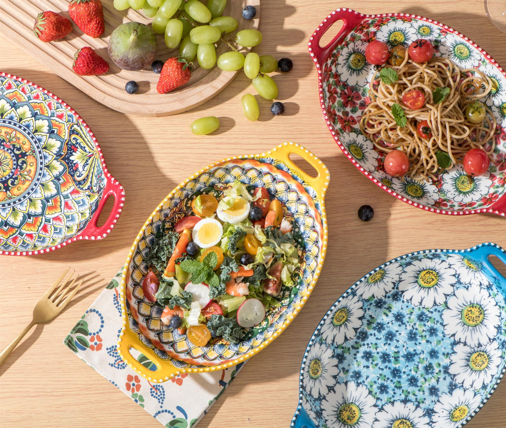 Henten Home Porcelain Salad Bowl Set of 4 | 32oz Bohemian Pasta Bowls