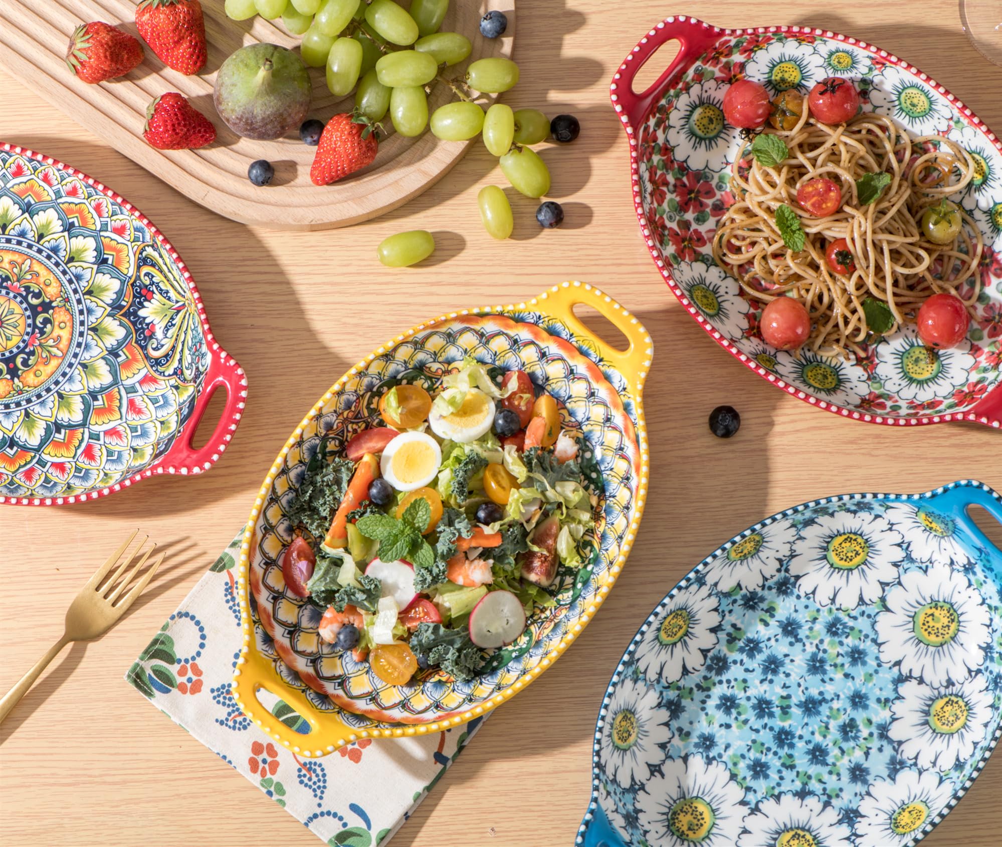 Henten Home Porcelain Salad Bowl Set of 4 | 32oz Bohemian Pasta Bowls