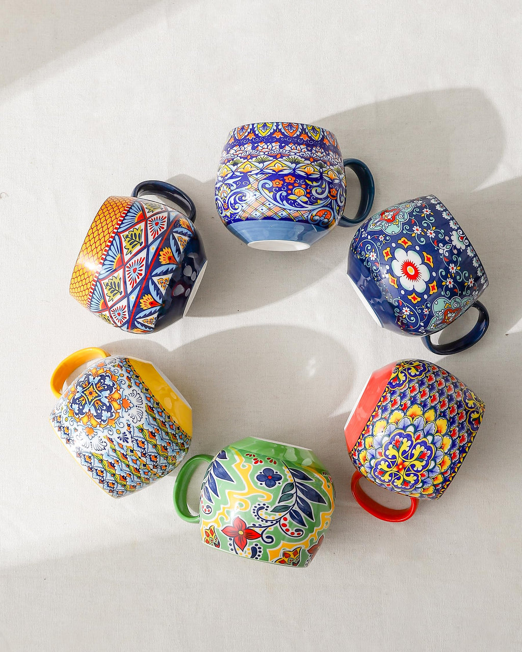 HENXFEN LEAD 20 oz Porcelain Coffee Mugs – 6 Pack Bohemian Stackable Cups
