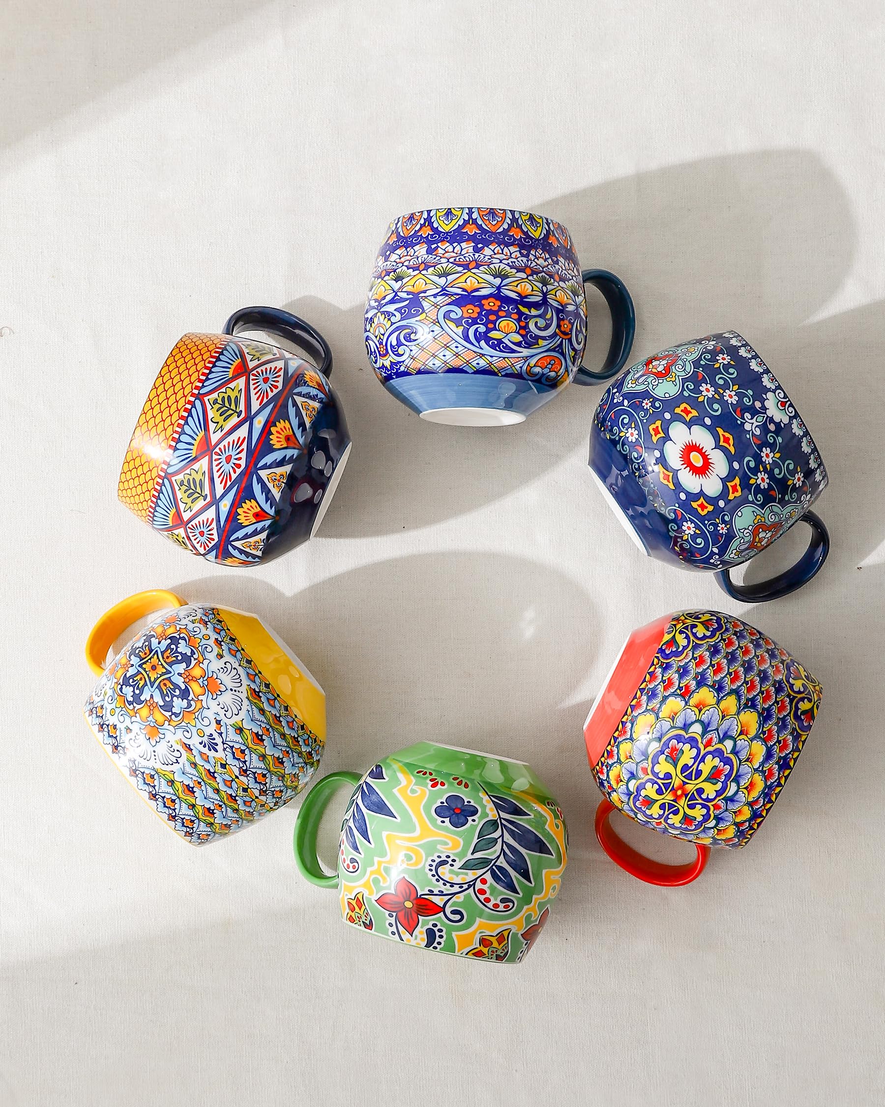 HENXFEN LEAD 20 oz Porcelain Coffee Mugs – 6 Pack Bohemian Stackable Cups
