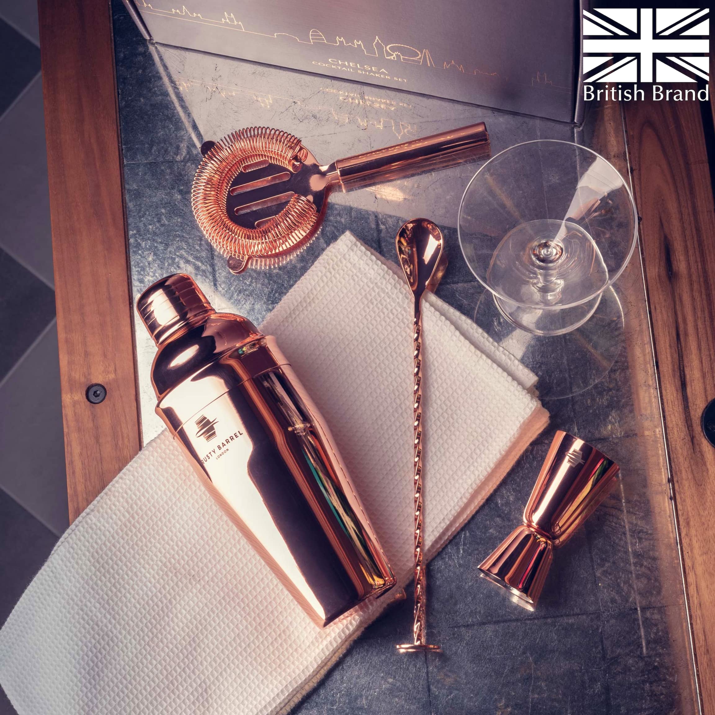 Rusty Barrel Cocktail Making Kit - 8-Piece Rose Gold Shaker Set with Gift Box