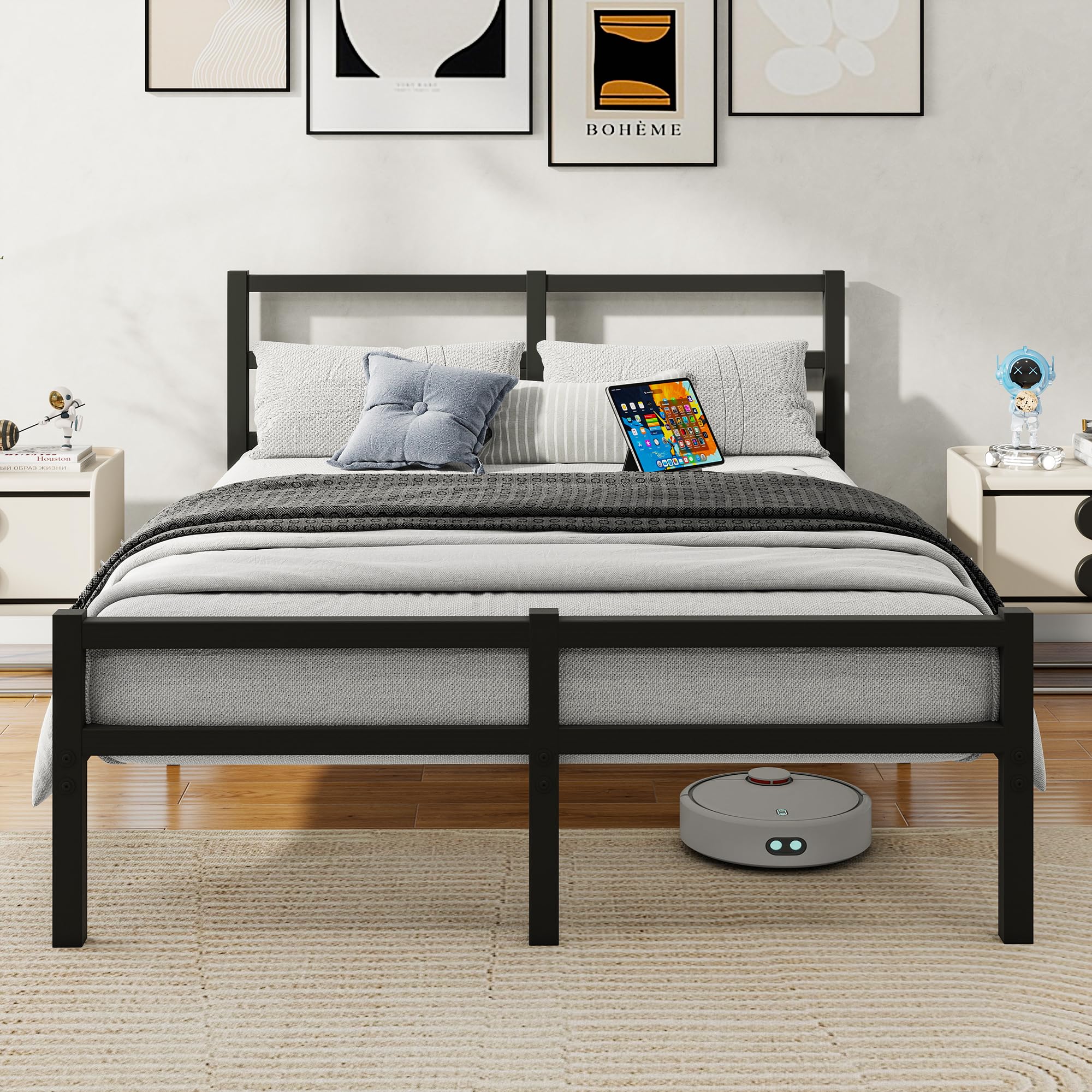 HAHRIR King Bed Frame with Headboard | Heavy Duty Metal Platform Bed