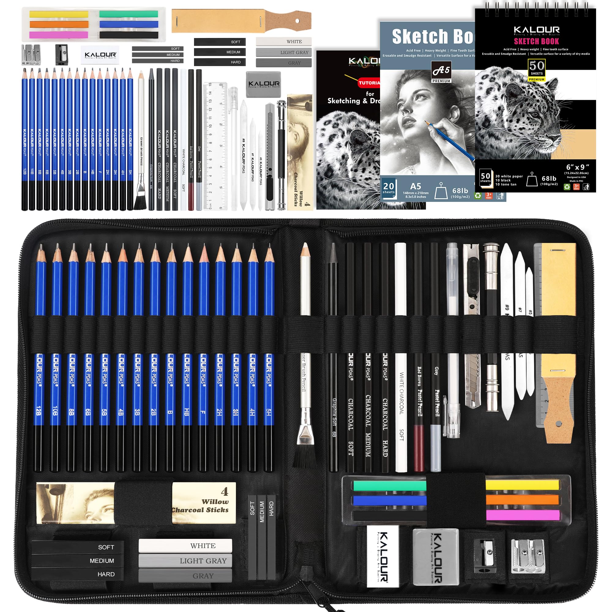 Kalour 58-Pack Drawing Set | Graphite & Charcoal Sketching Kit with Sketchbook