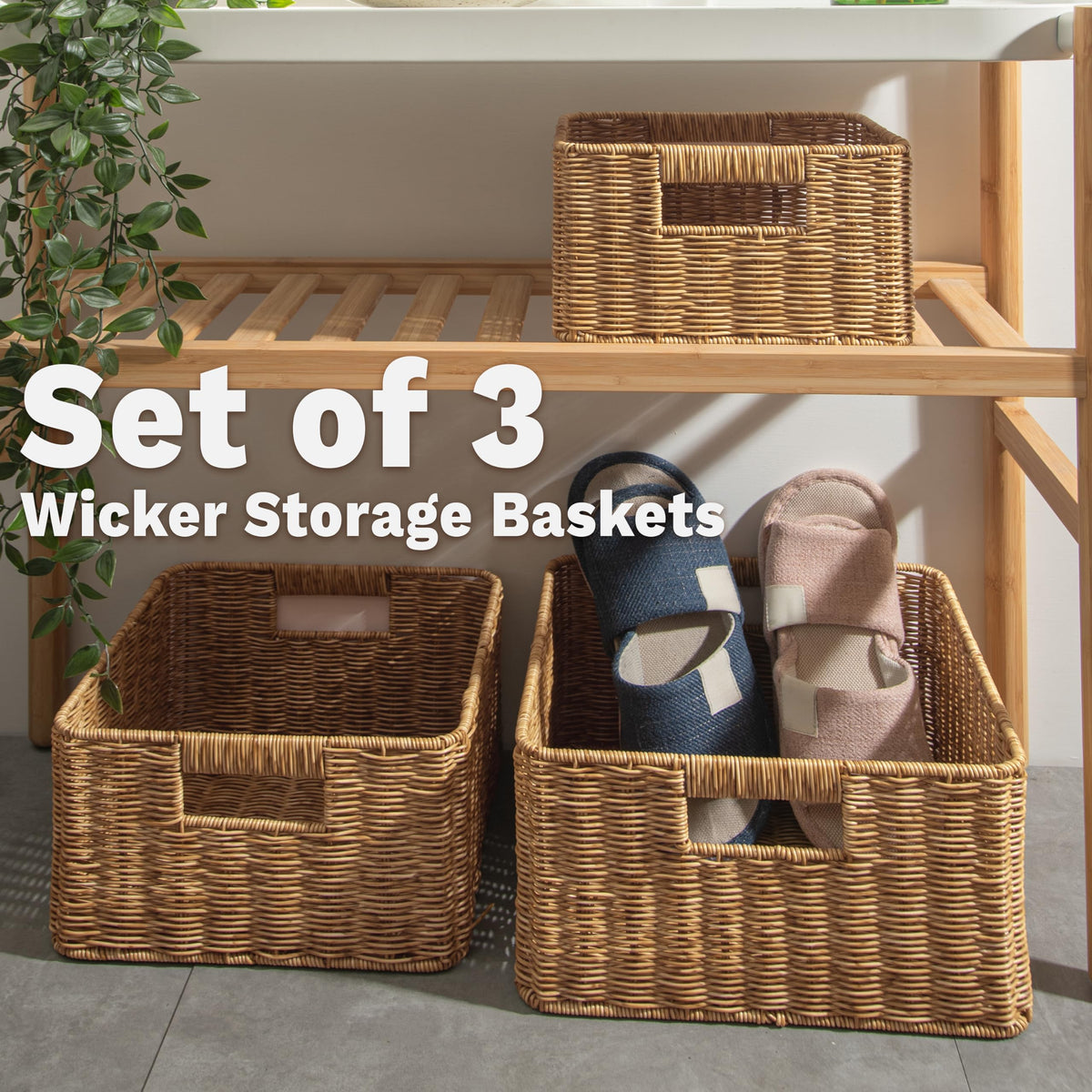 myHomeBody Wicker Storage Basket, Storage Cubes, Woven Baskets for Organizing, Resin Wicker Set of 3, Tan - image 5