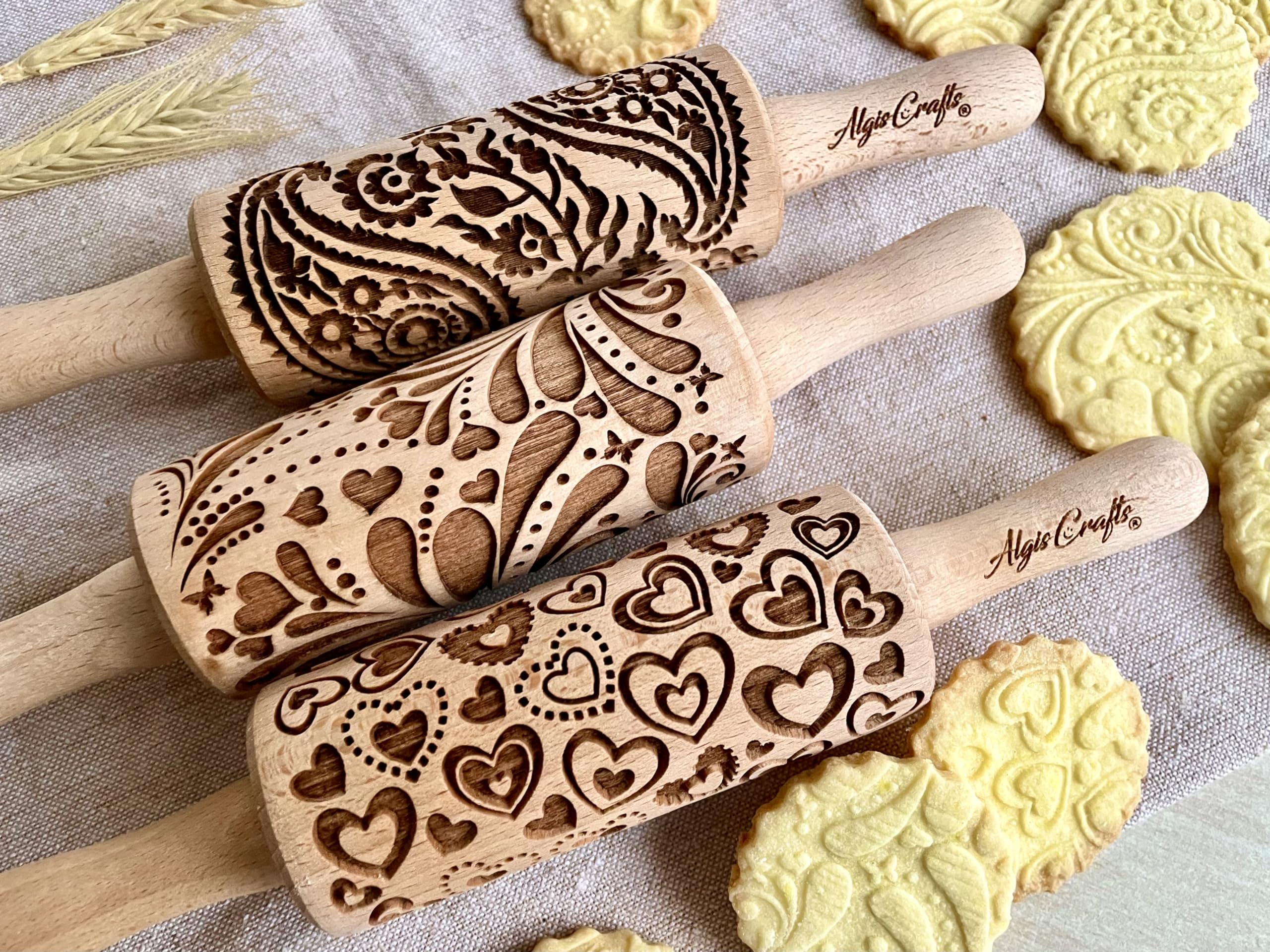 Algis Crafts Kids 3-Piece Mini Embossed Rolling Pin Set - Beech Wood
