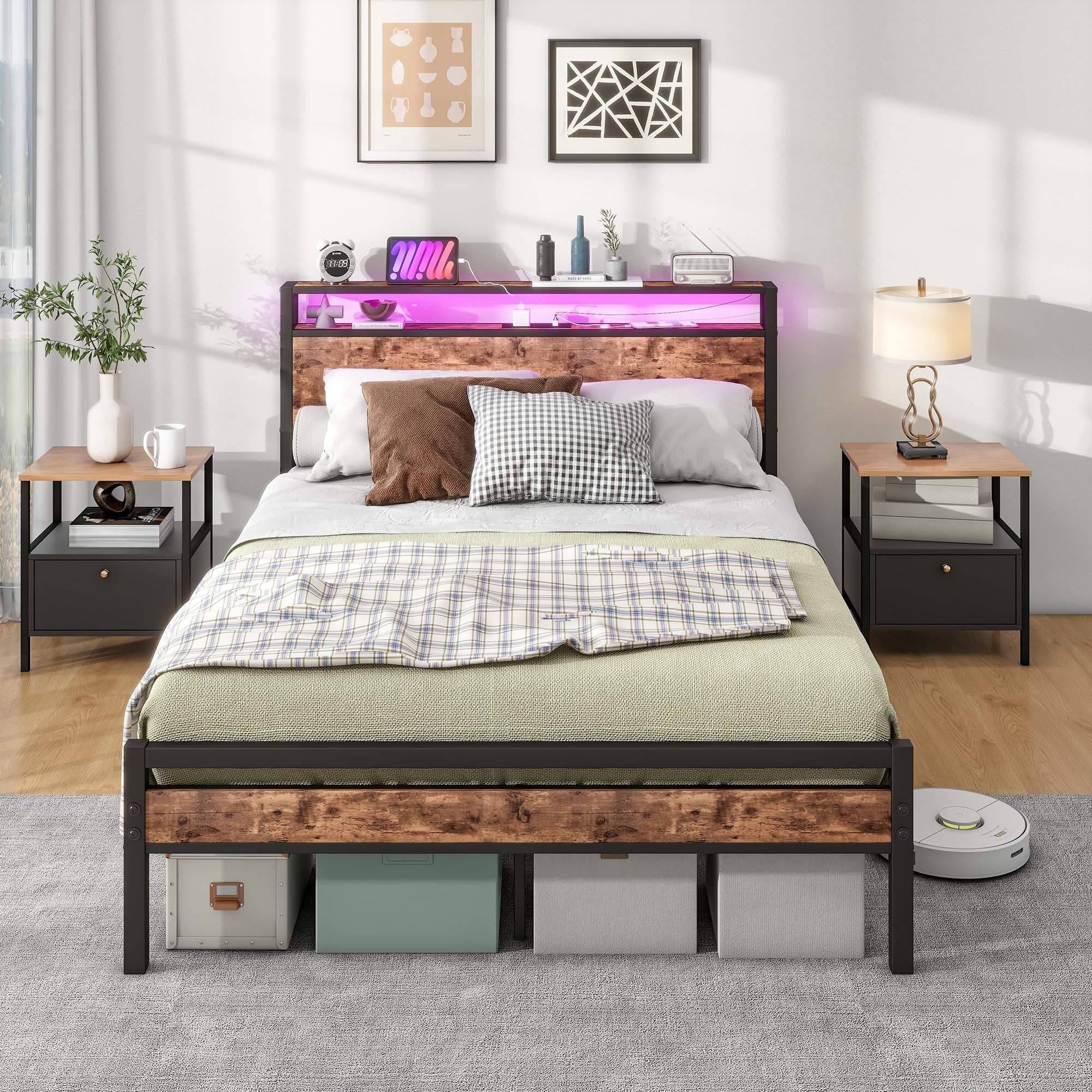 BORPHOM Double Bed Frame with Storage Headboard, LED Lights & USB Charging