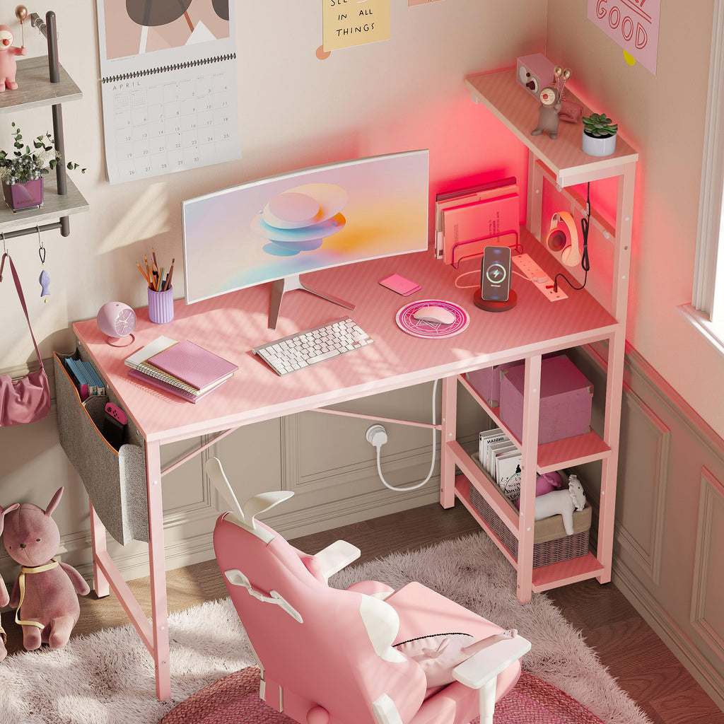 Bestier 113CM Corner Computer Desk with LED Lights and Power Outlets
