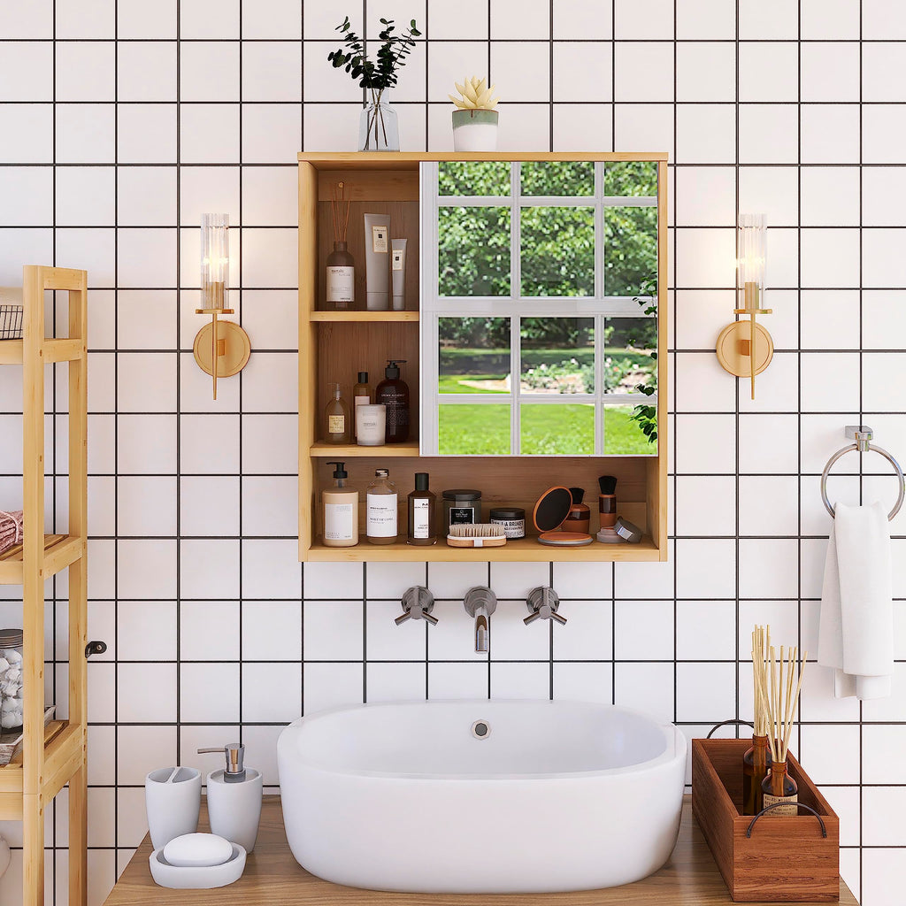 SMIBUY Bamboo Bathroom Mirror Cabinet | Wall Mounted Medicine Storage