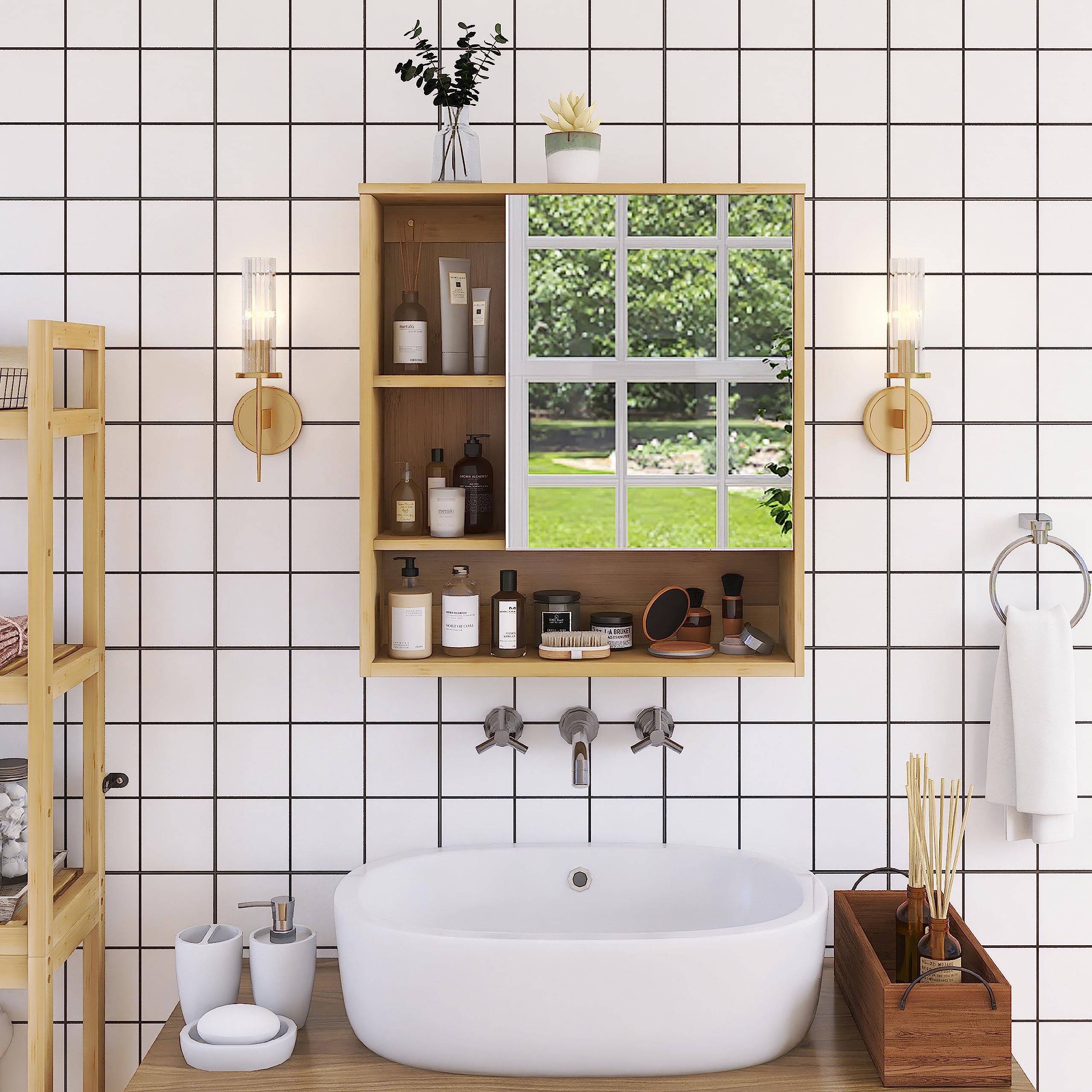 SMIBUY Bamboo Bathroom Mirror Cabinet | Wall Mounted Medicine Storage