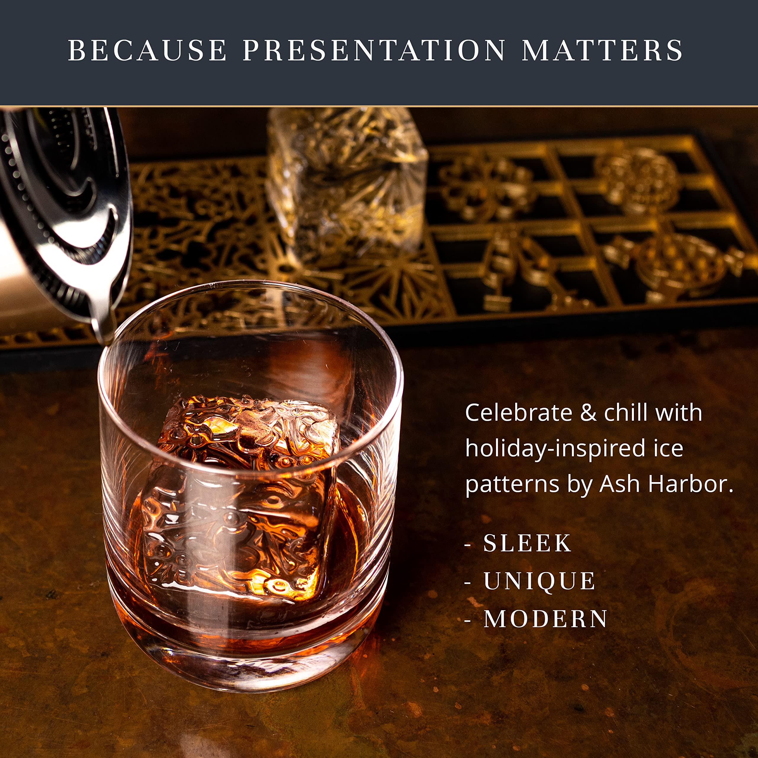 Ash Harbor Ice Designer Tray – Aluminum Whiskey Ice Cube Stamp Mold