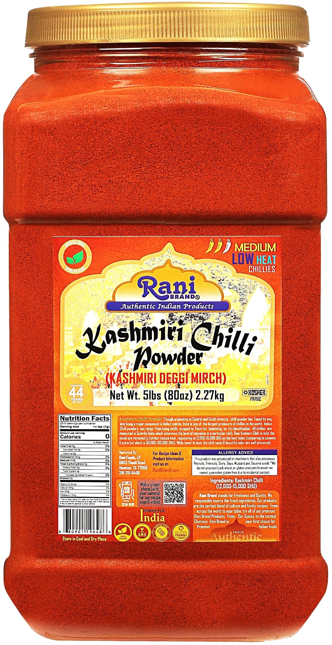 Rani Kashmiri Chilli Powder - Low Heat Ground Indian Spice, 5lbs Bulk