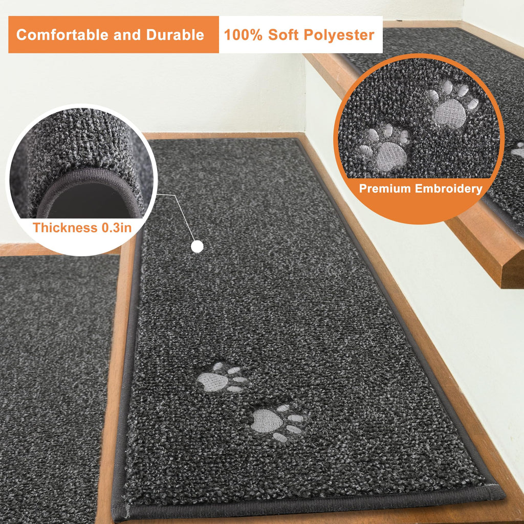 BEQHAUSE Non-Slip Carpet Stair Treads | 15-Pack Washable Runners, Dark Grey