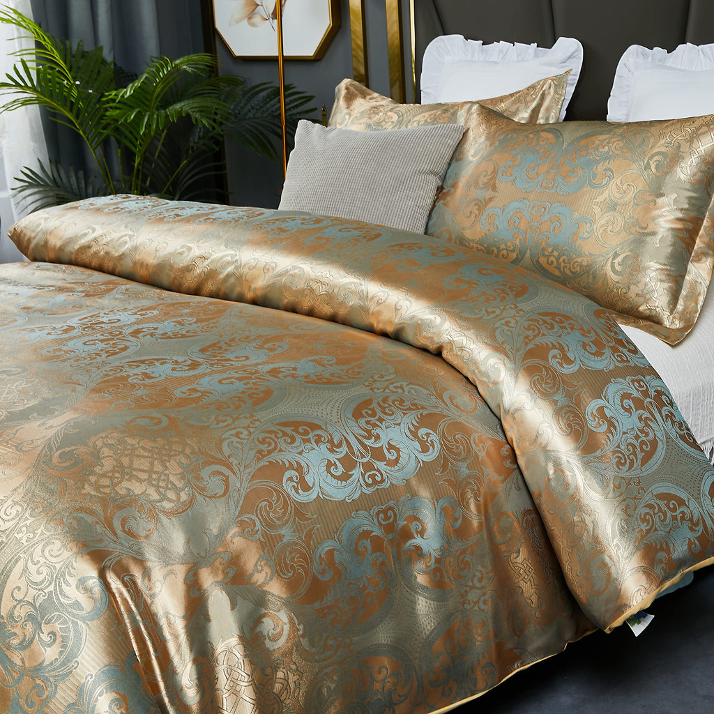 HMtideby Gold Jacquard Duvet Cover Set | Double Microfiber Bedding