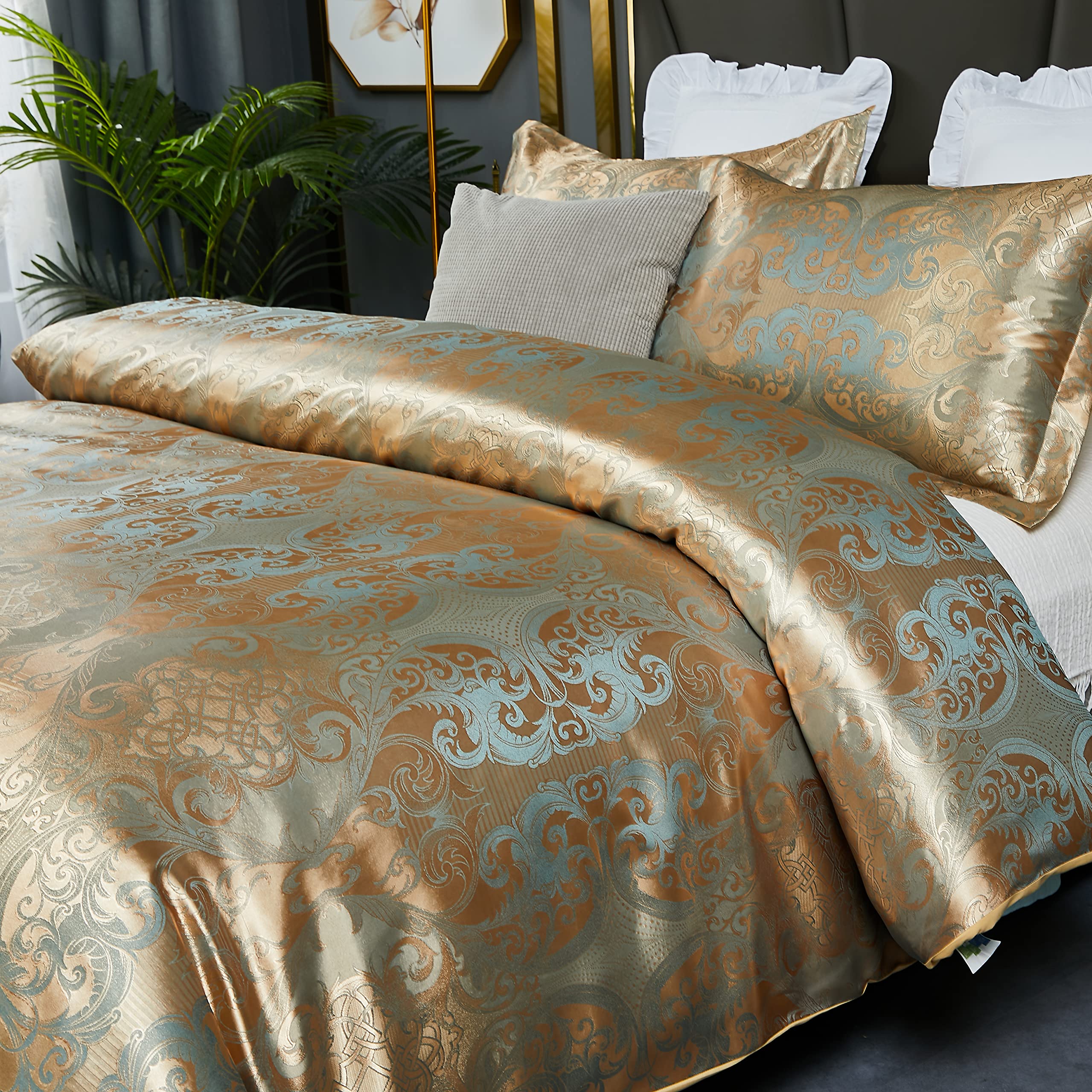 HMtideby Gold Jacquard Duvet Cover Set | Double Microfiber Bedding