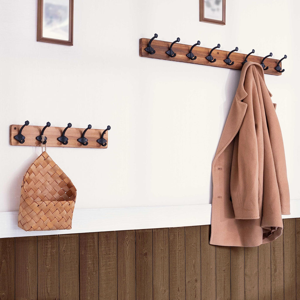 WEBI 90cm Rustic Wall Mounted Coat Rack - 8 Cast Iron Hooks, Solid Wood