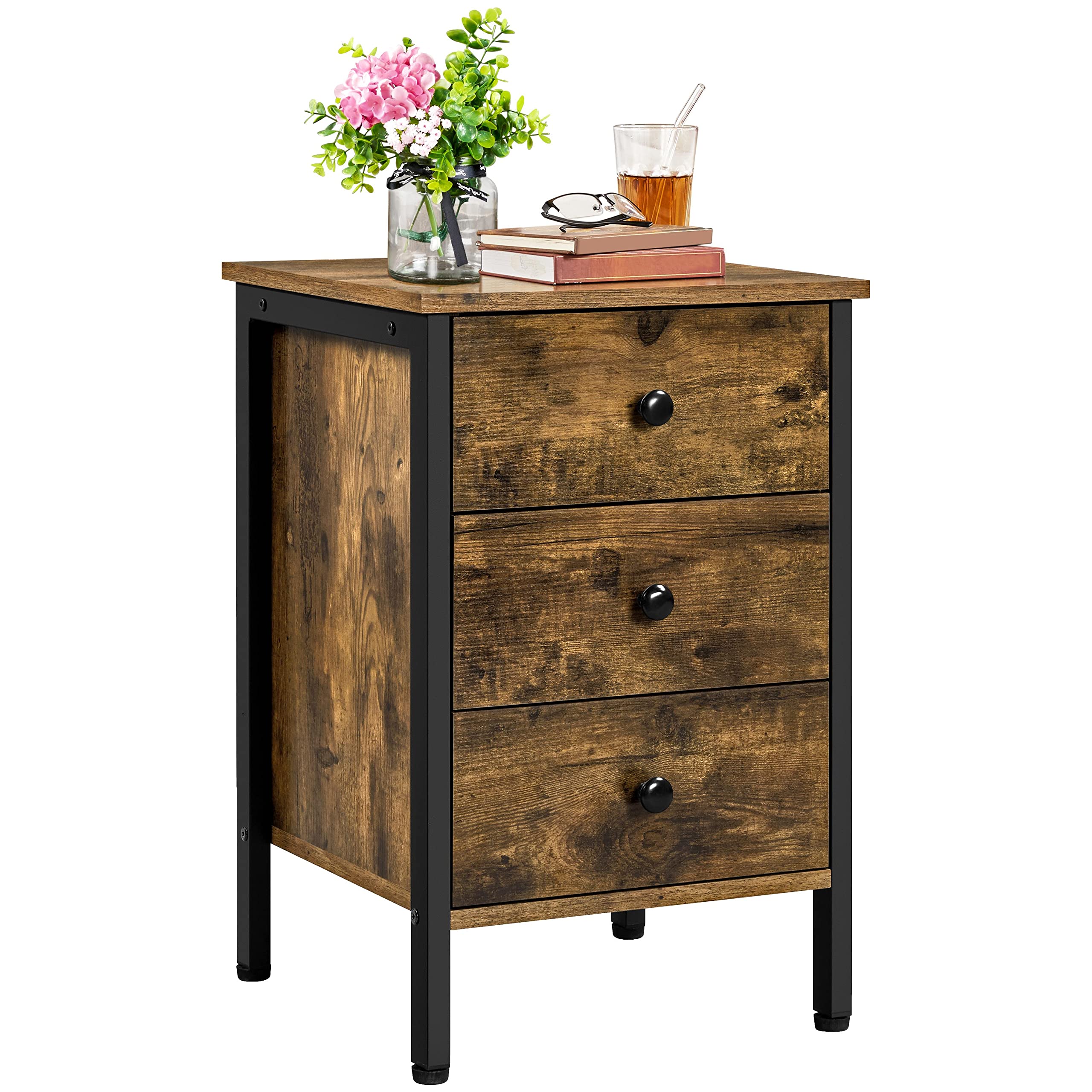 Yaheetech 3-Drawer Bedside Table – Rustic Brown Nightstand with Metal Frame