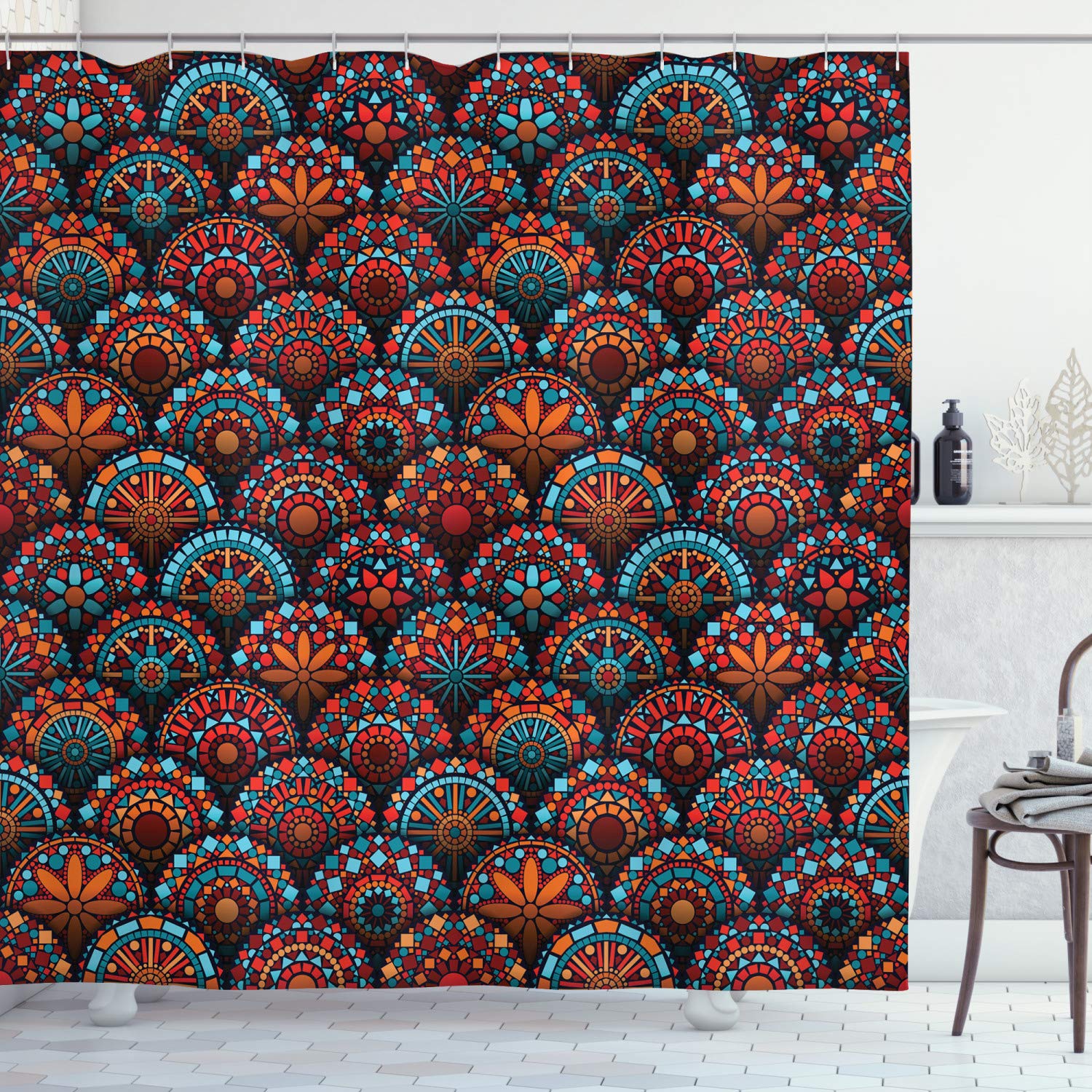 ABAKUHAUS Mandala Shower Curtain | Waterproof Fabric Bathroom Decor, Scarlet