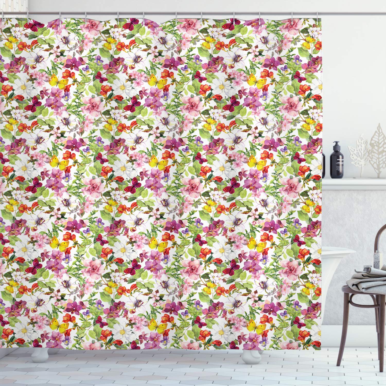 ABAKUHAUS Flower Shower Curtain – Vintage French Floral Fabric, 78" Long