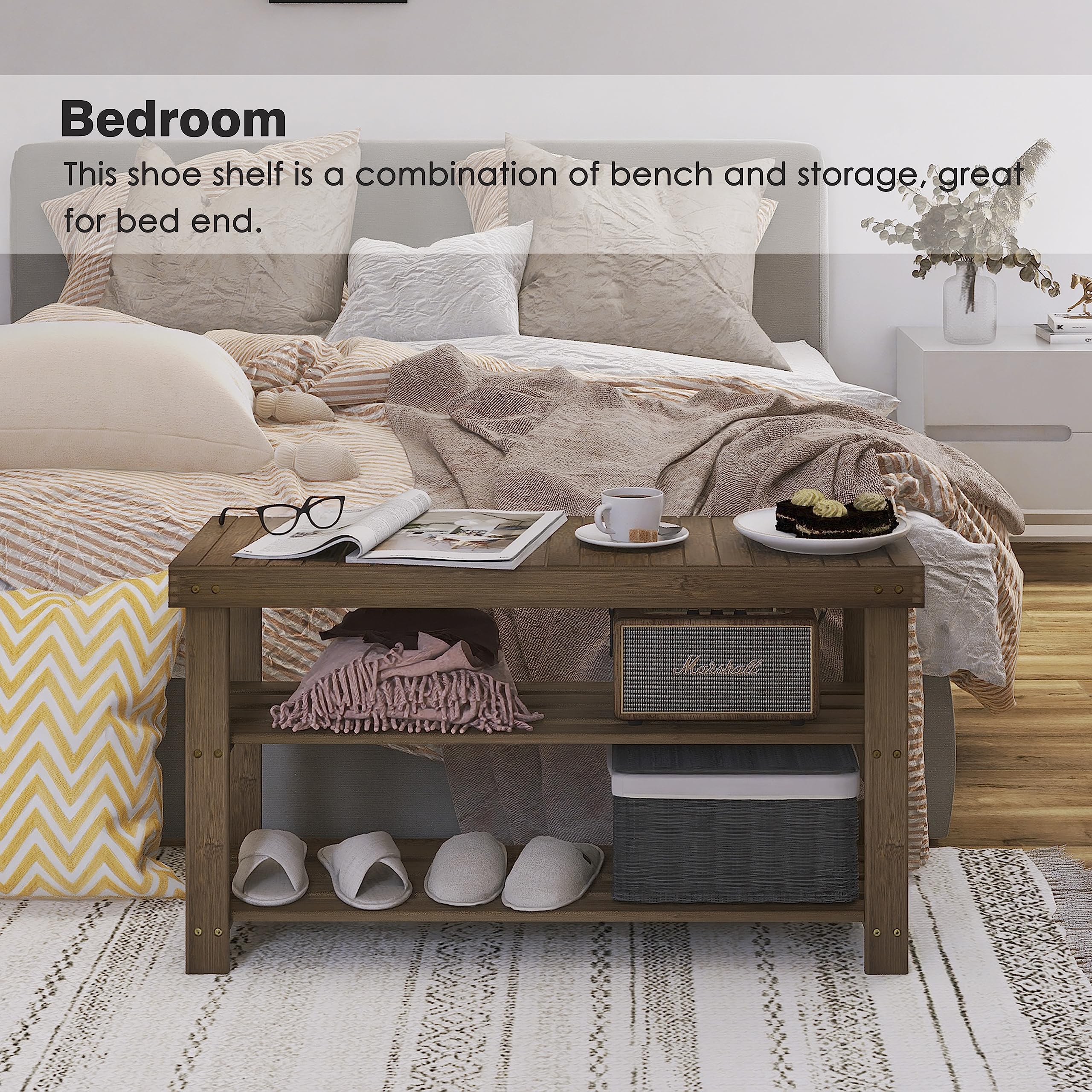 SMIBUY 3-Tier Bamboo Shoe Rack Bench – Entryway Storage Shelf, Walnut