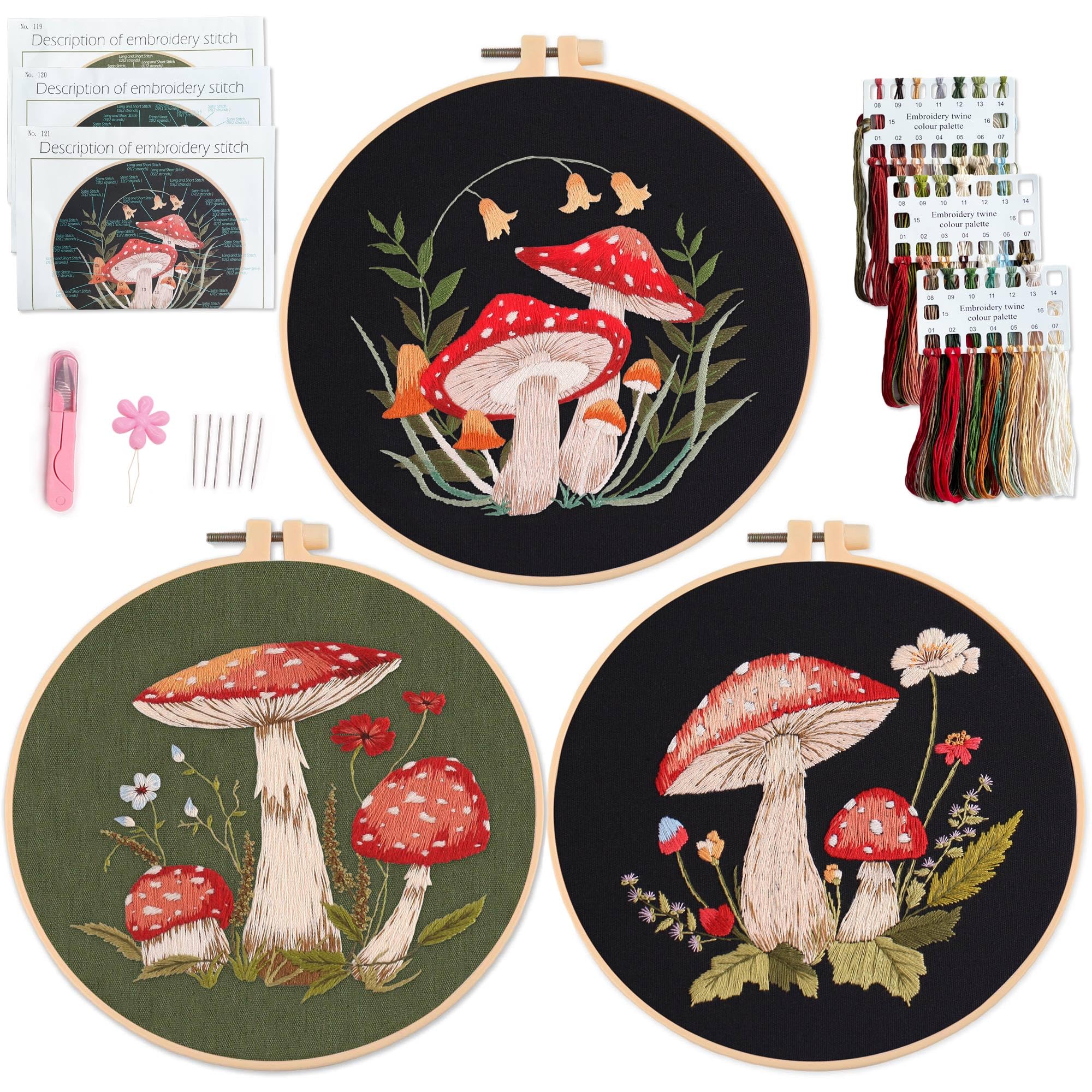 Jolof Store Mushroom Embroidery Kit - 3 Sets DIY Needlecraft for Beginners