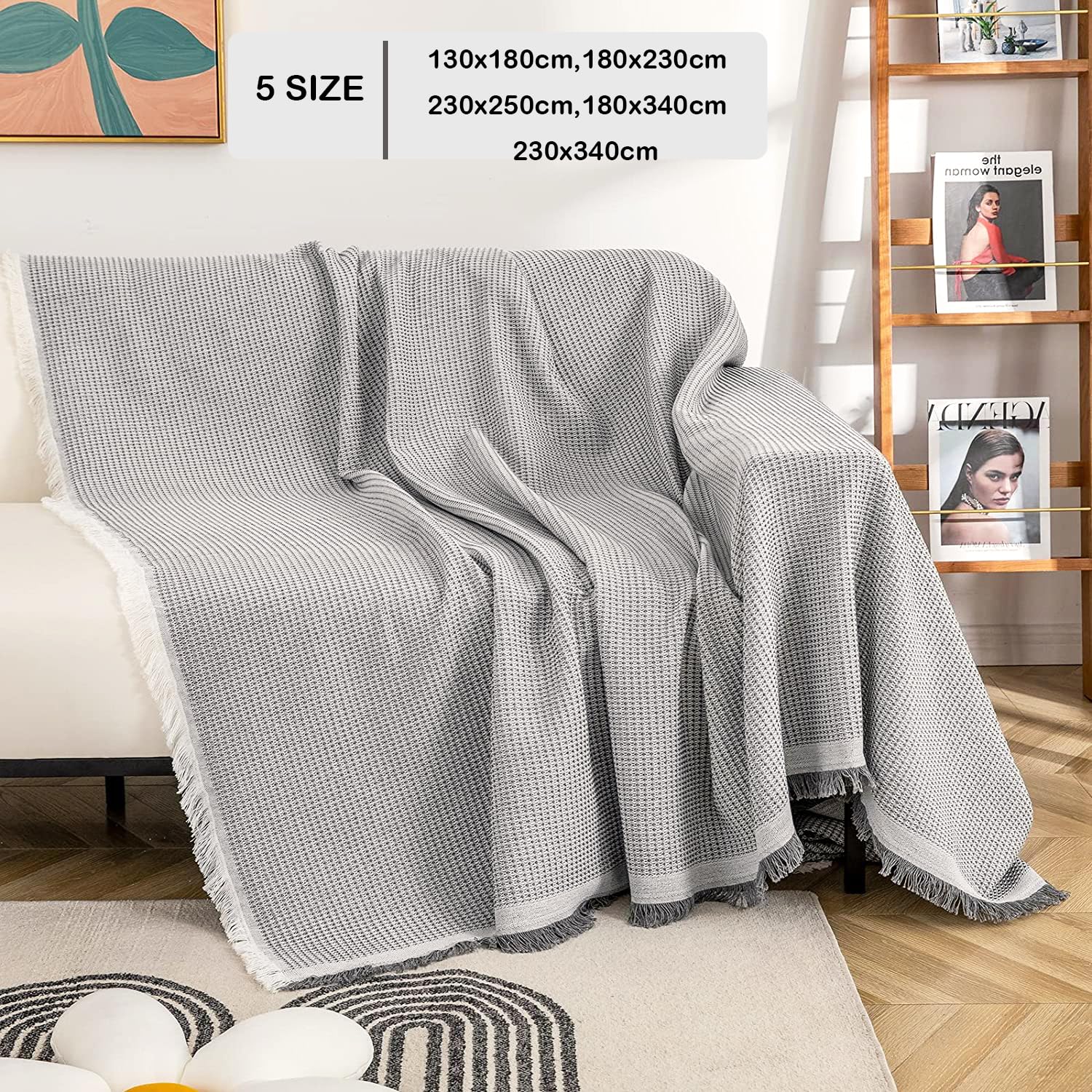 VANJOROY Waffle Cotton Sofa Throw Blanket with Tassels – Light Grey