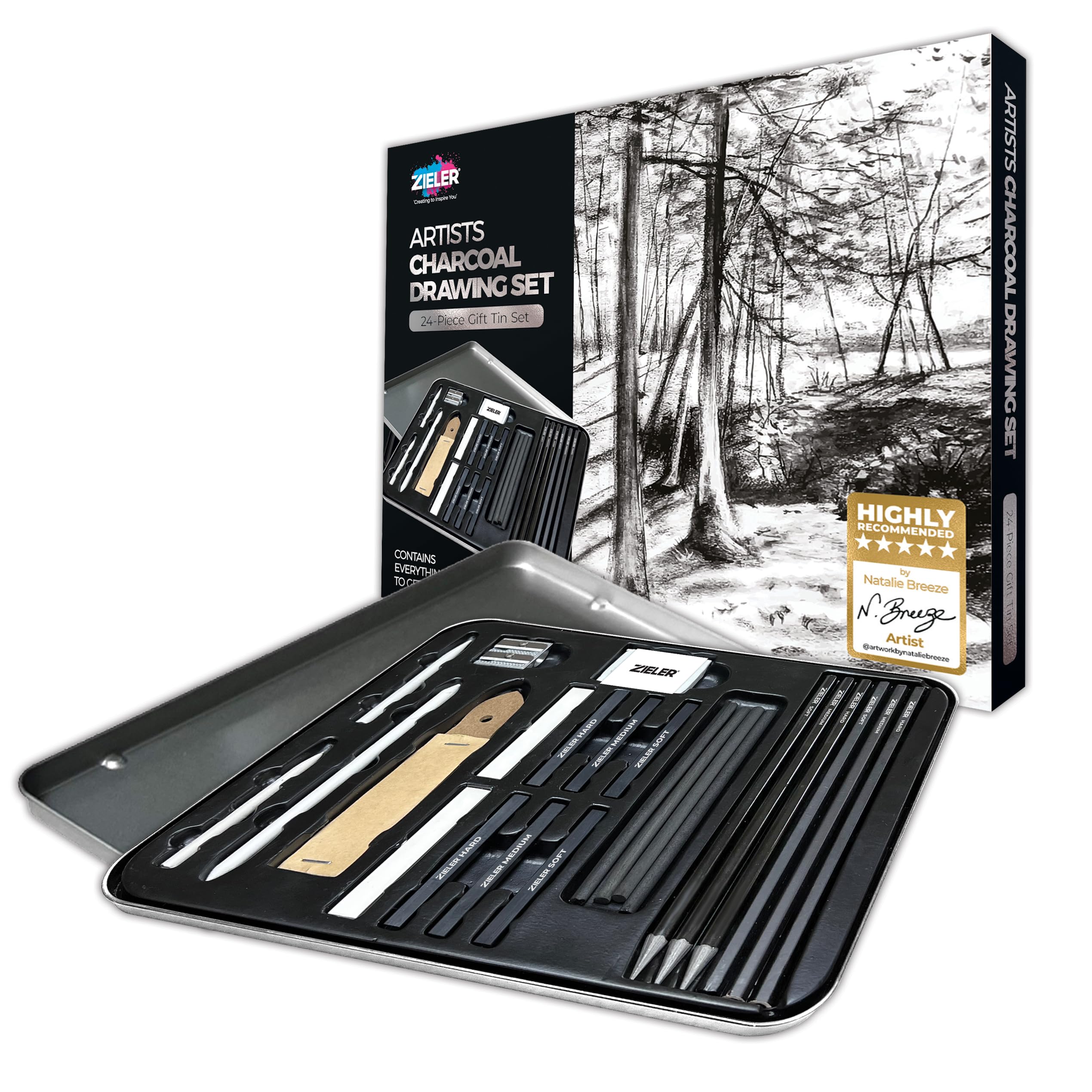 Zieler Artists Charcoal Drawing Set - 24-Piece Sketching Kit in Gift Tin