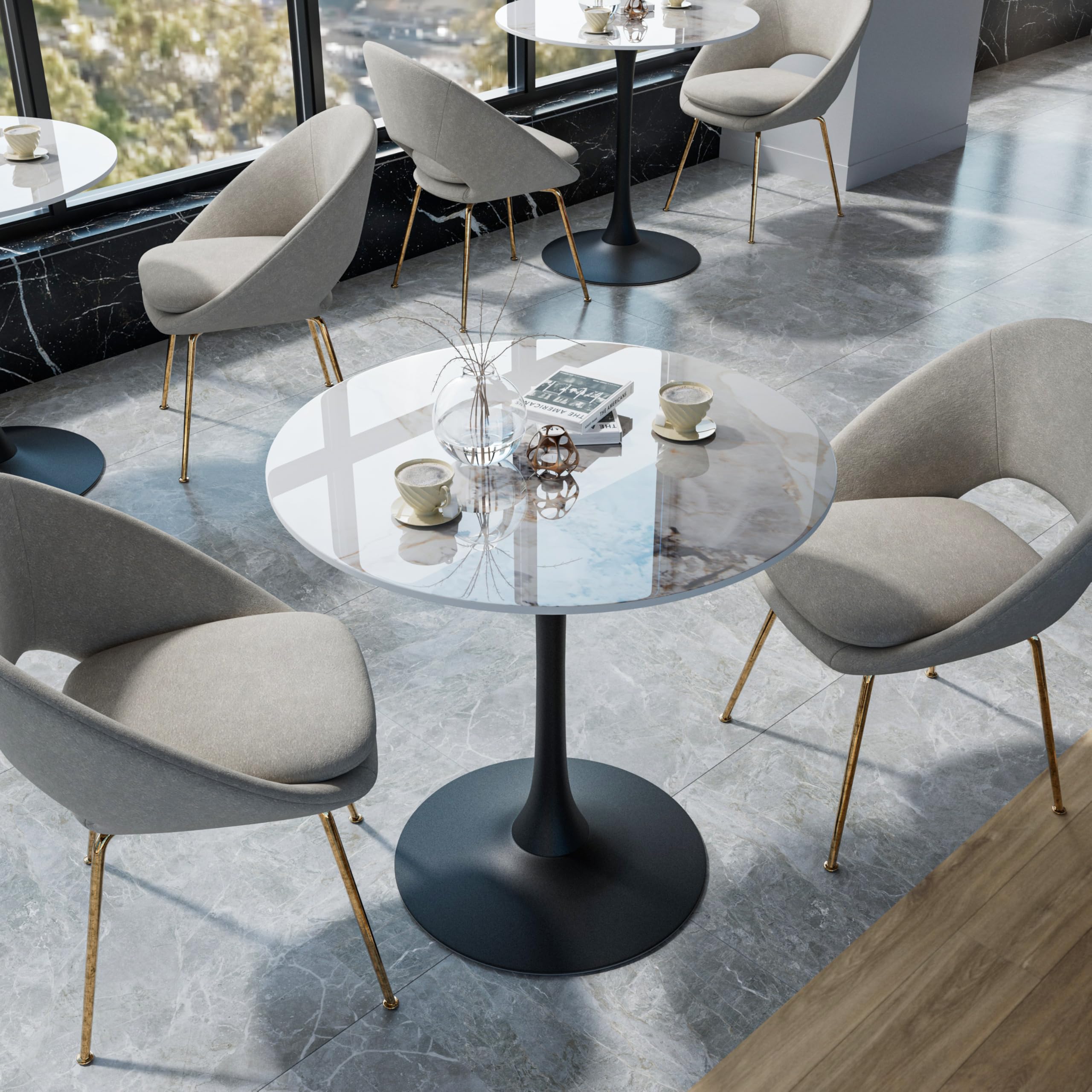 FATIVO Round Sintered Stone Dining Table – 76cm White Marble Top