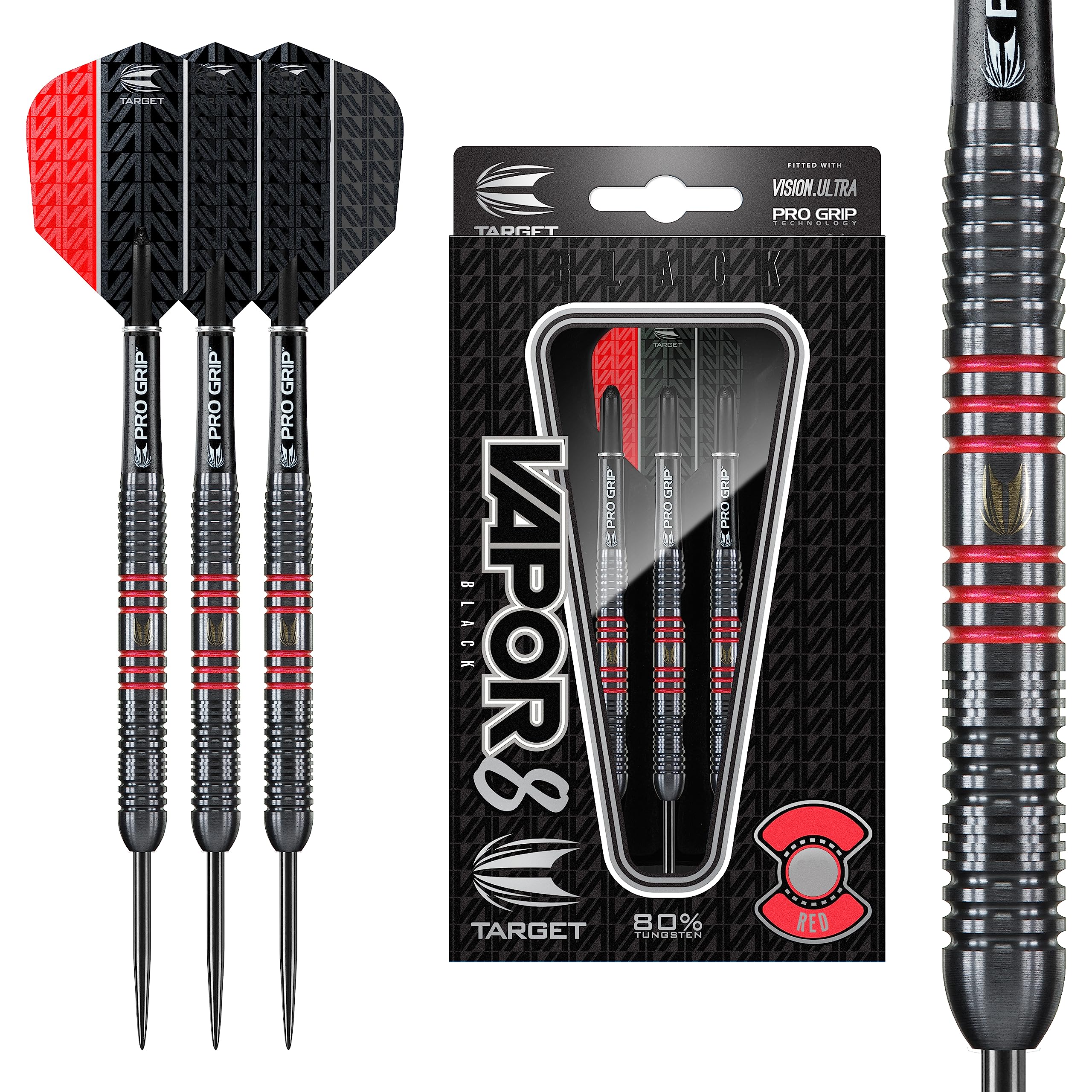 Target Darts Vapor 8 Black 80% Tungsten Steel Tip Darts Set – 23g Red