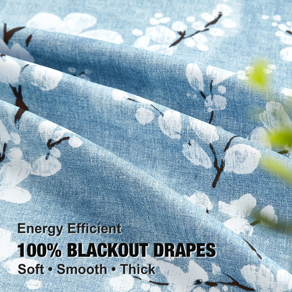 Fmfunctex Blue Floral Blackout Curtains | 90-Inch Thermal Eyelet Panels