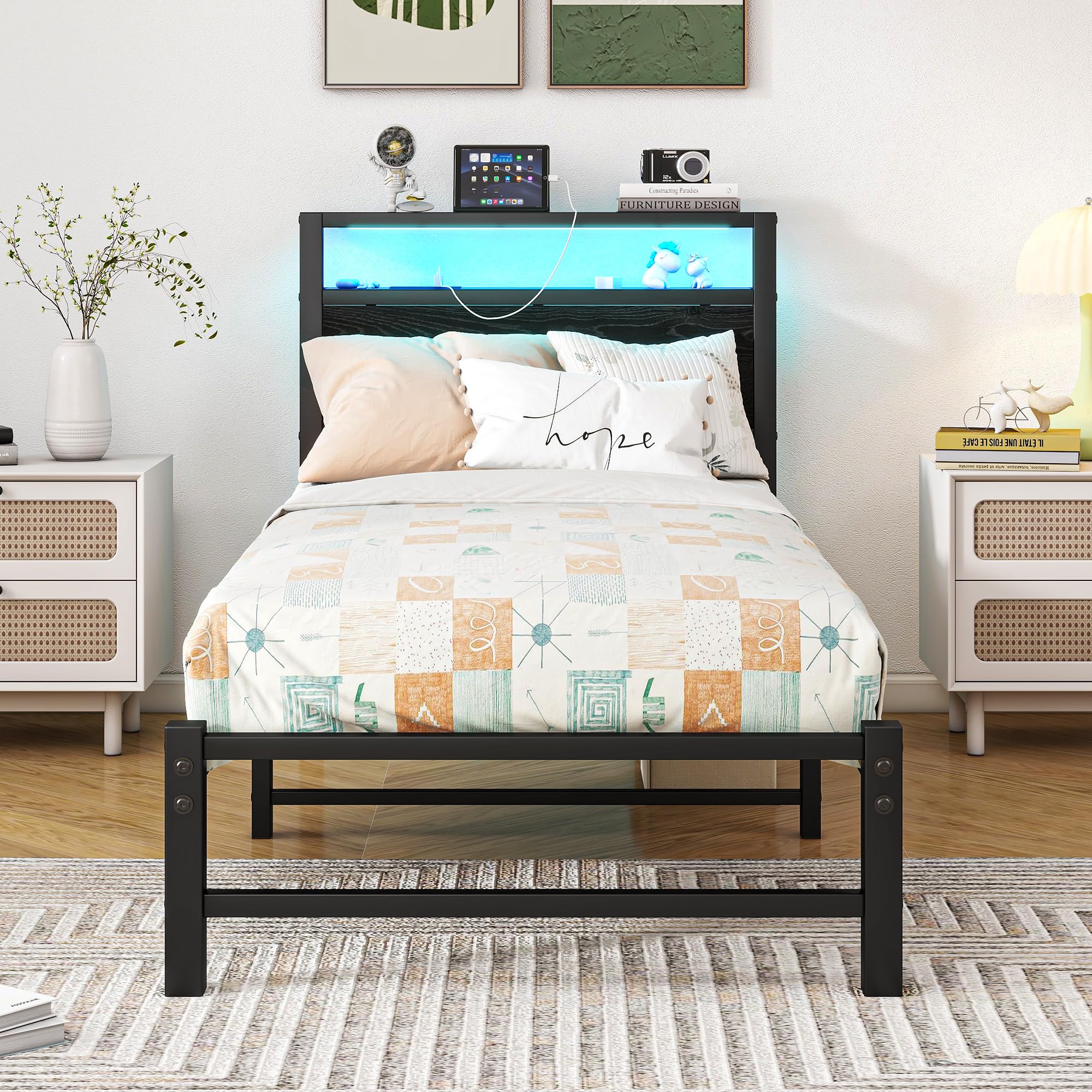 VERFARM 3ft Single Metal Bed Frame with LED Headboard & Charging Station