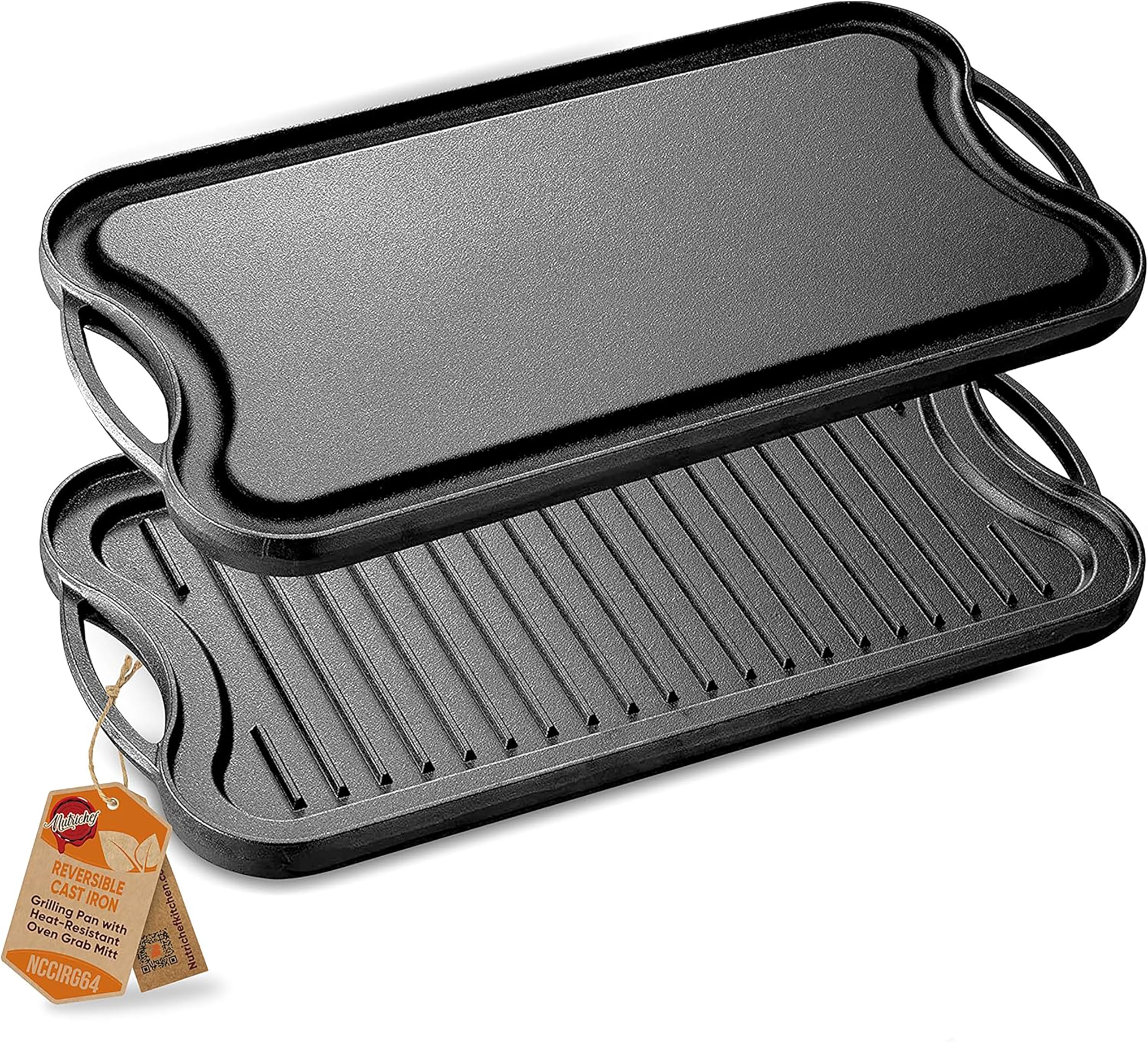 Nutrichef Reversible Cast Iron Griddle Pan – Non-Stick Flat & Ridged Grill