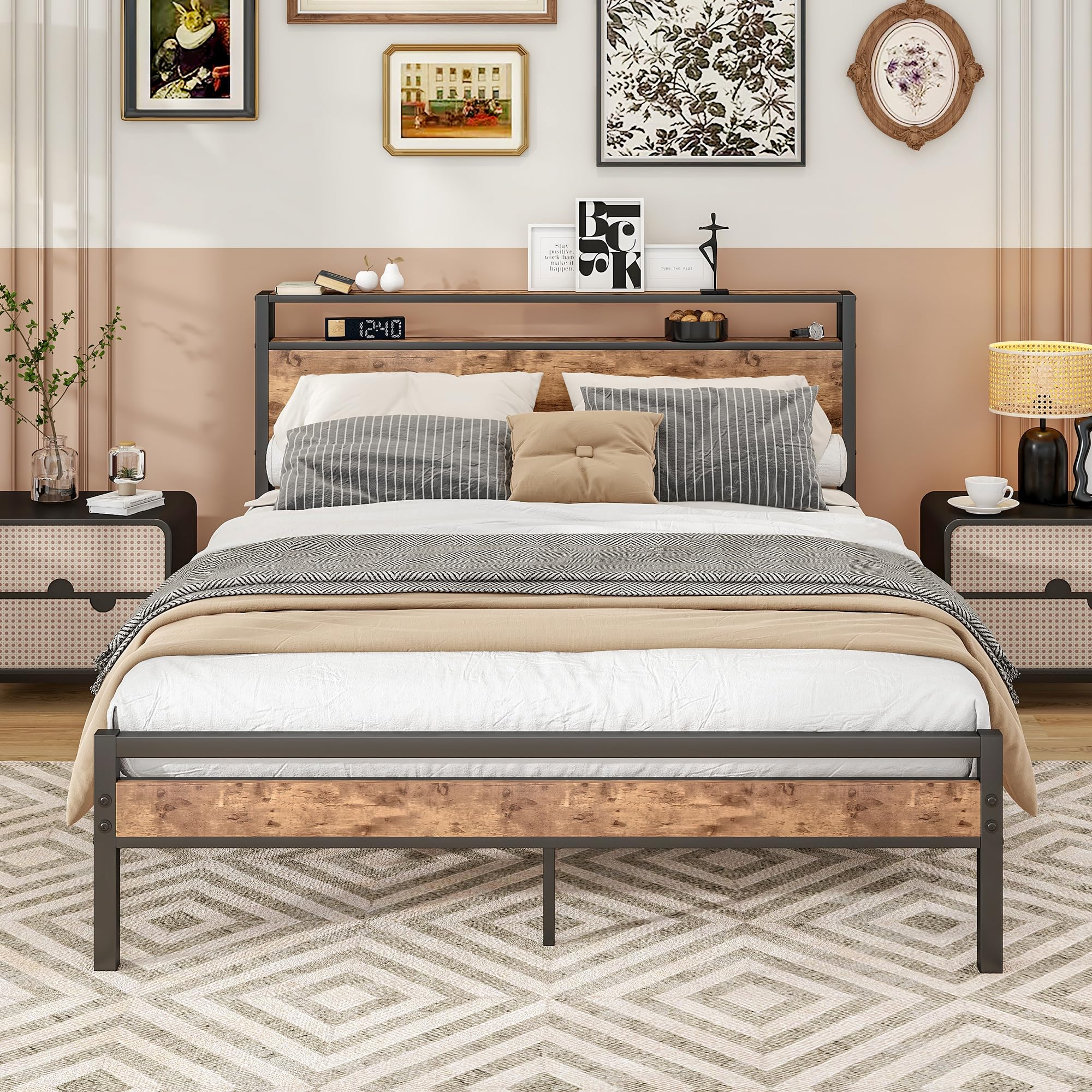 BORPHOM King Size Metal Platform Bed Frame with 2-Tier Storage Headboard