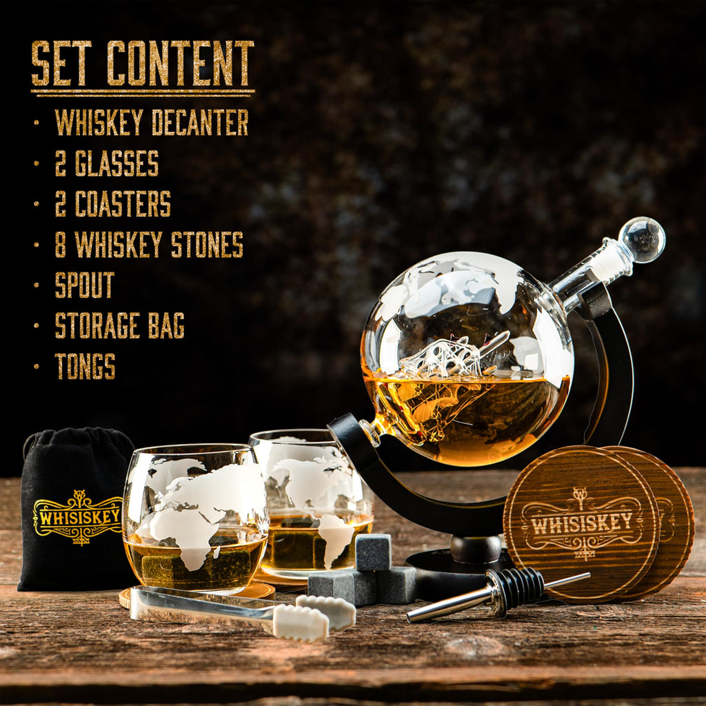 Whisiskey Globe Whiskey Decanter Set - 900ml Carafe with 8 Whiskey Stones