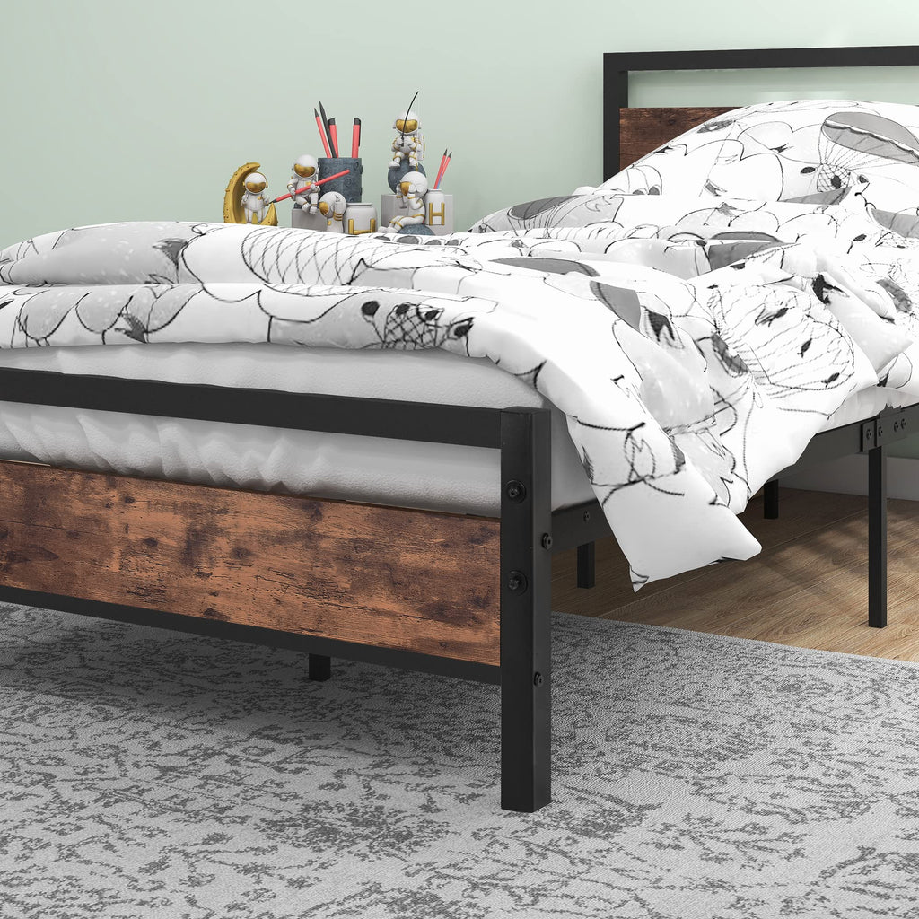 BOFENG 3ft Single Metal Bed Frame | Heavy Duty Platform with Wood Headboard