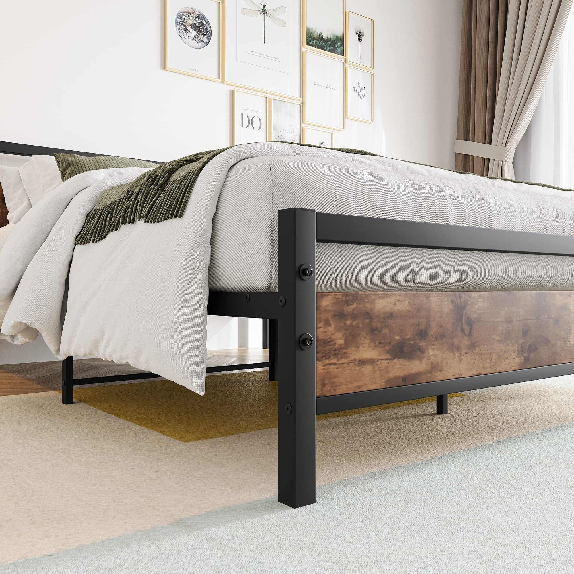 BOFENG Double Metal Platform Bed Frame with Wood Headboard | Heavy Duty