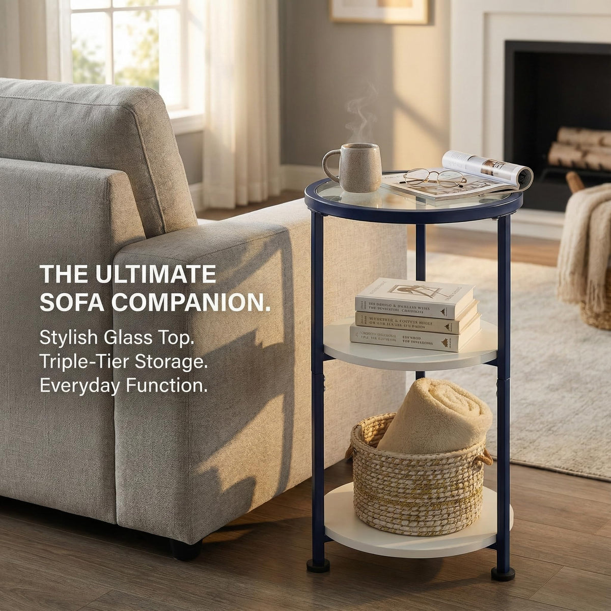 ZEXVIDA 3-Tier Round Side Table with Tempered Glass Top, Navy Blue - image 2