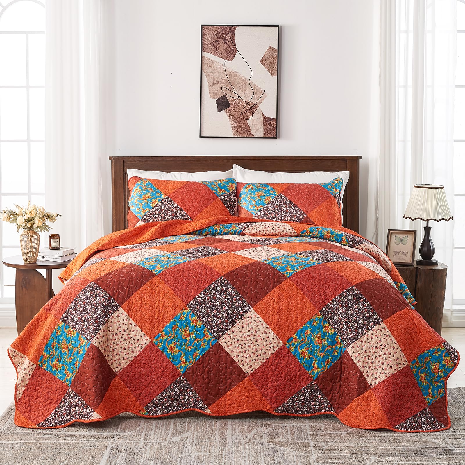 Qucover King Size Patchwork Quilt Set – Floral Microfiber Bedspread