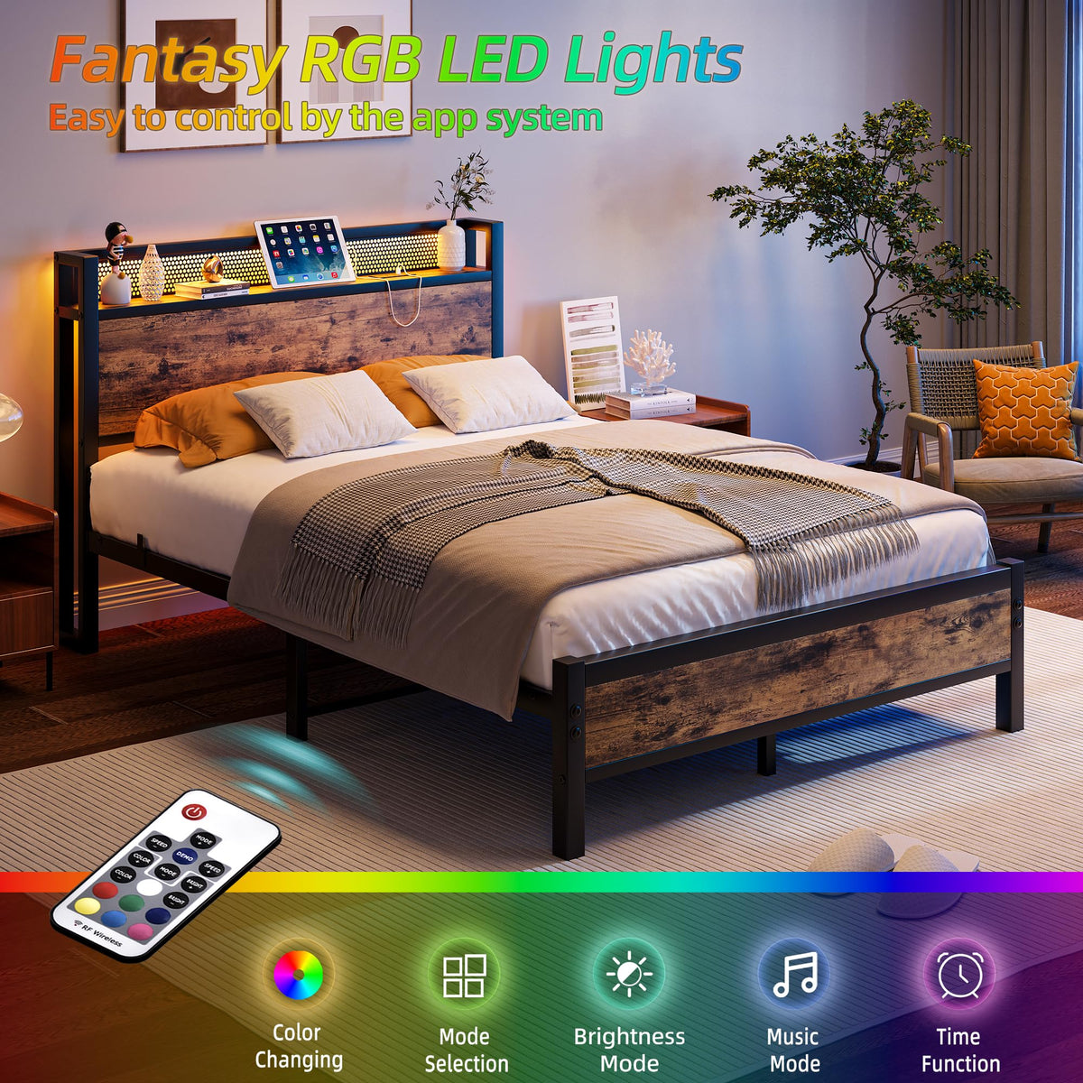 Diahomy 4ft6 Double Bed Frame with LED Lights&Charging Station,Brown - image 4