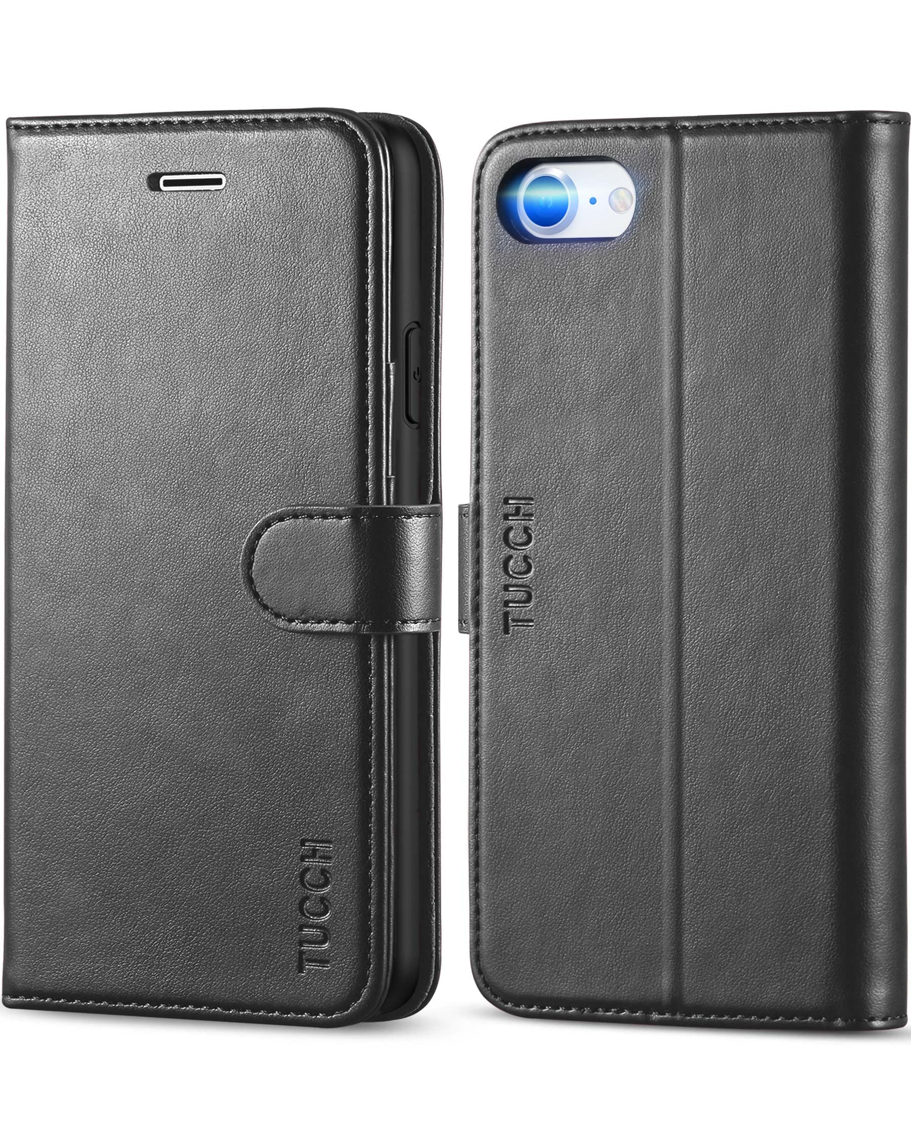 TUCCH iPhone SE 2022/2020/8/7 Leather Wallet Case - Magnetic Folio Black