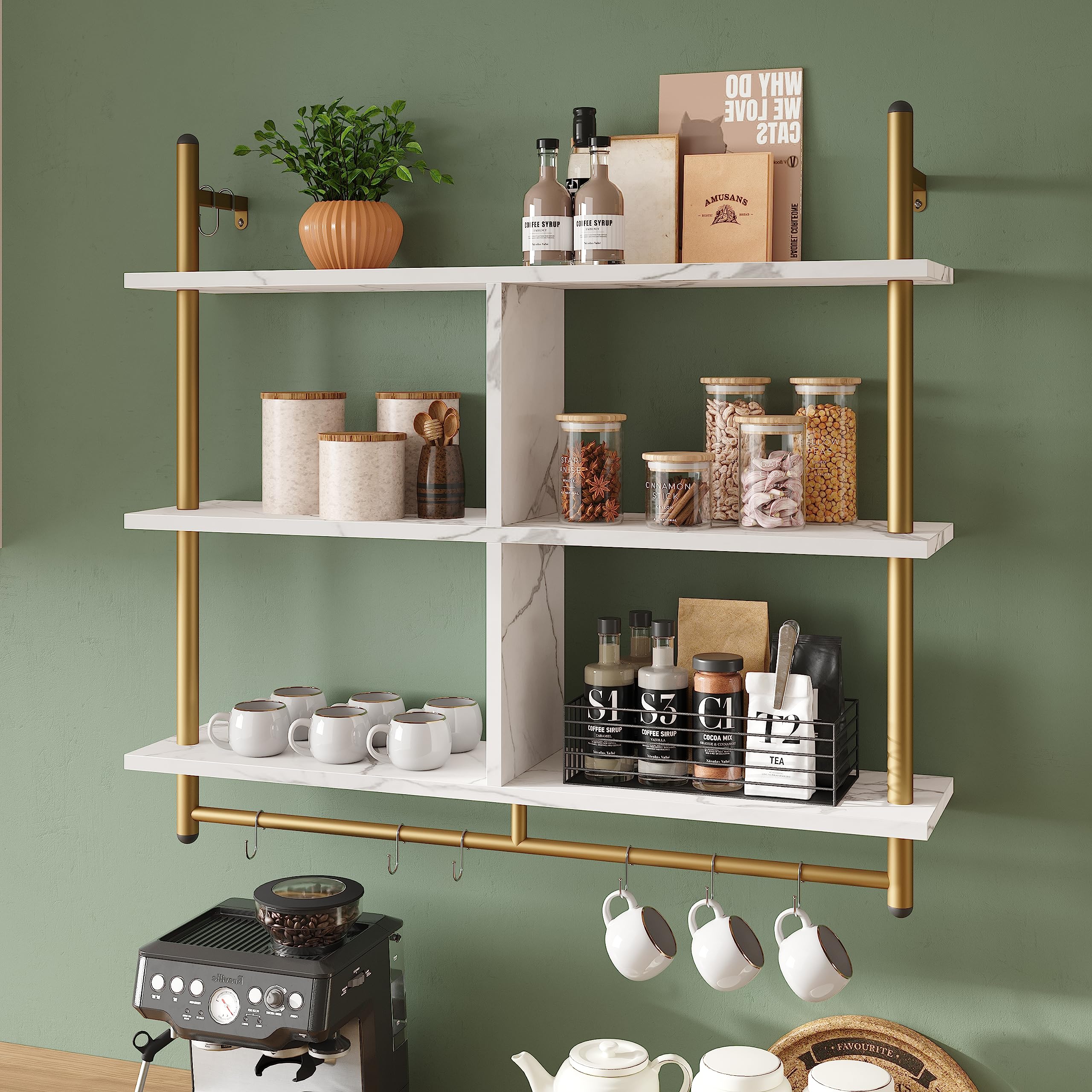 Bestier 115CM Industrial Pipe Shelving | 3-Tier Wall Mounted Ladder Shelf