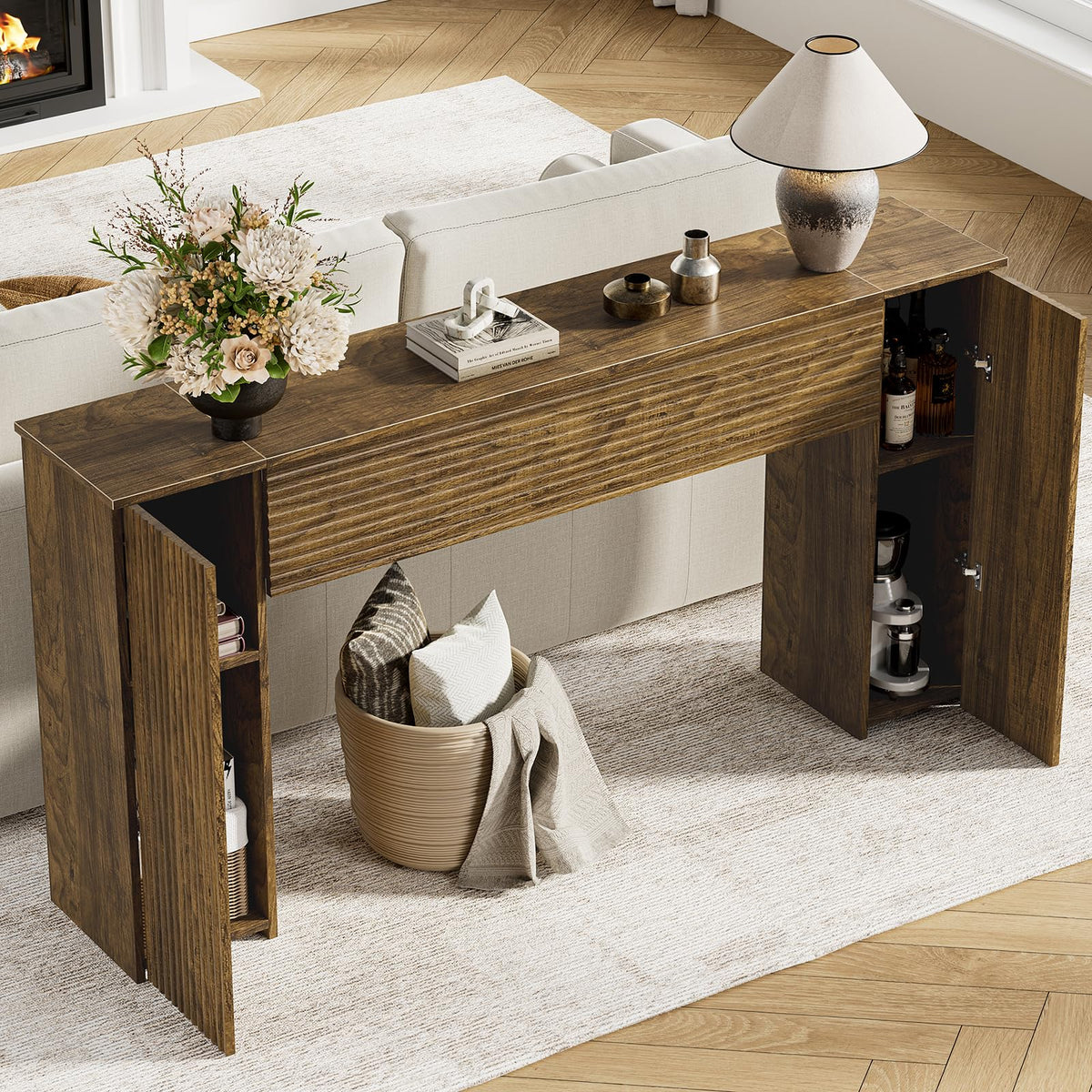 Mossora 155cm Brown Fluted Narrow Console Table with Storage Cabinets - image 4