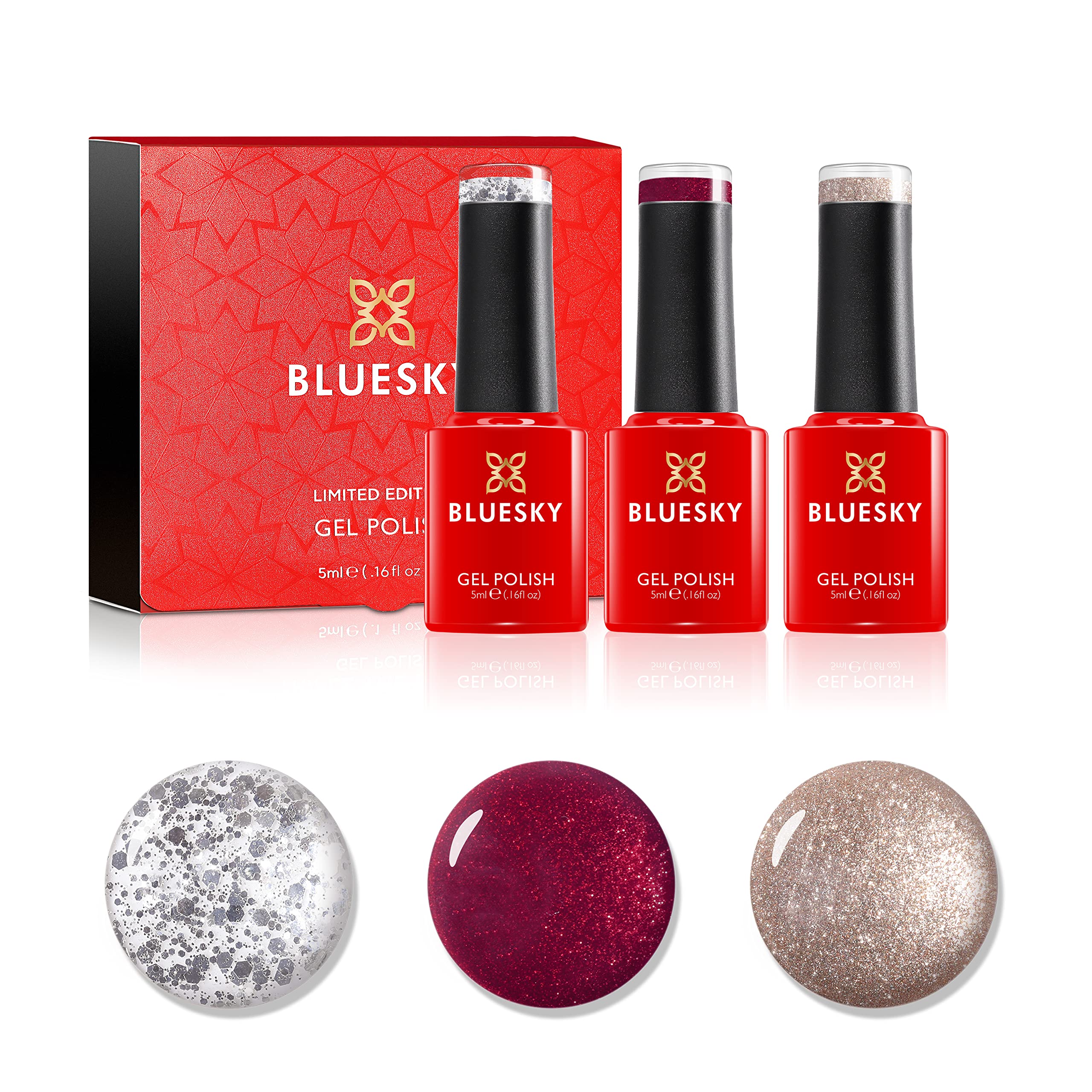 Bluesky Christmas Gel Nail Polish Set – Glitter Red, Gold & Silver, 3x5ml