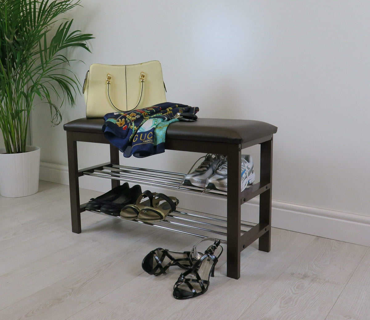 ASPECT 3-Tier Storage Shoe Rack/Bench with Seat Cushion Brown, 80 x 30 x 49 cm
