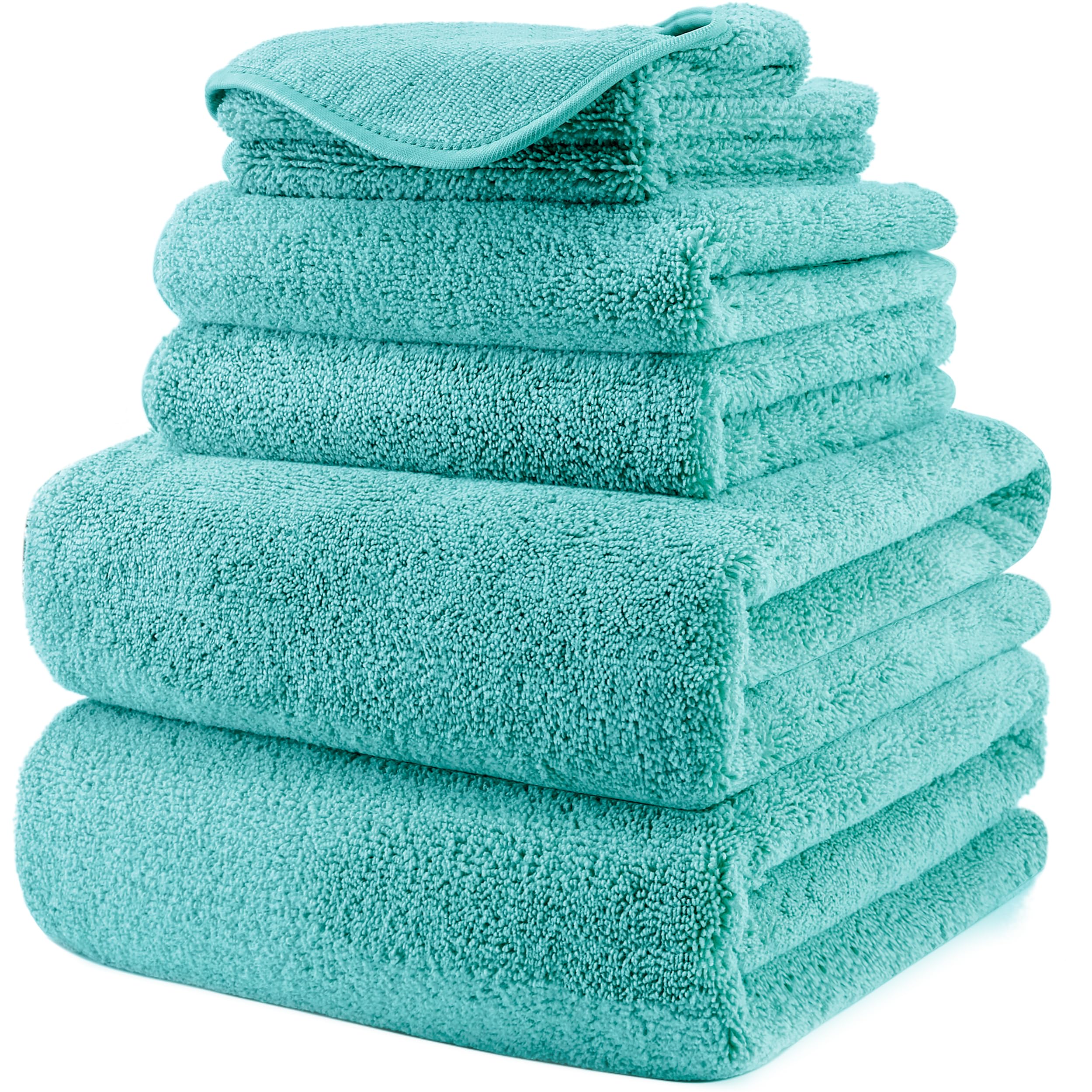 Polyte Plush Microfibre Bath Towel Set - 6 Piece Quick Dry - Aqua