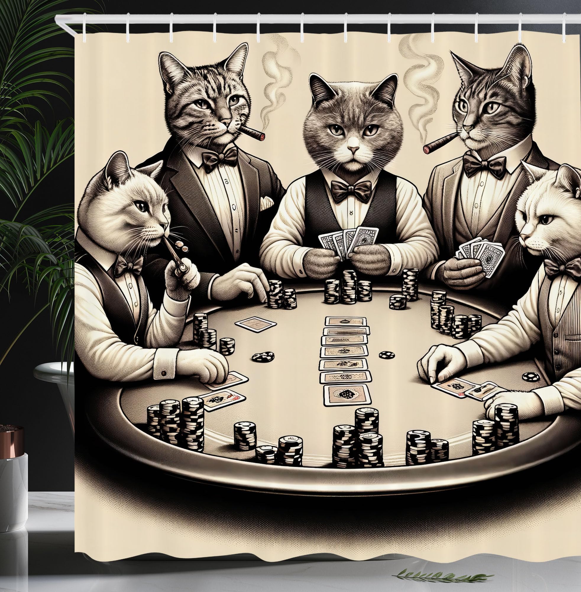 Abakuhaus Cat Shower Curtain – Gentleman Kitties Poker Fabric Decor | 69x78"