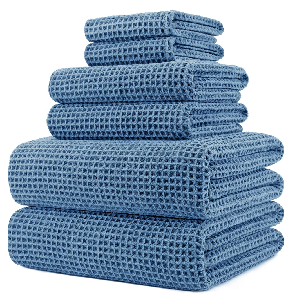 Polyte Microfiber Bath Towel Set - 6 Piece Quick Dry Waffle Weave, Blue