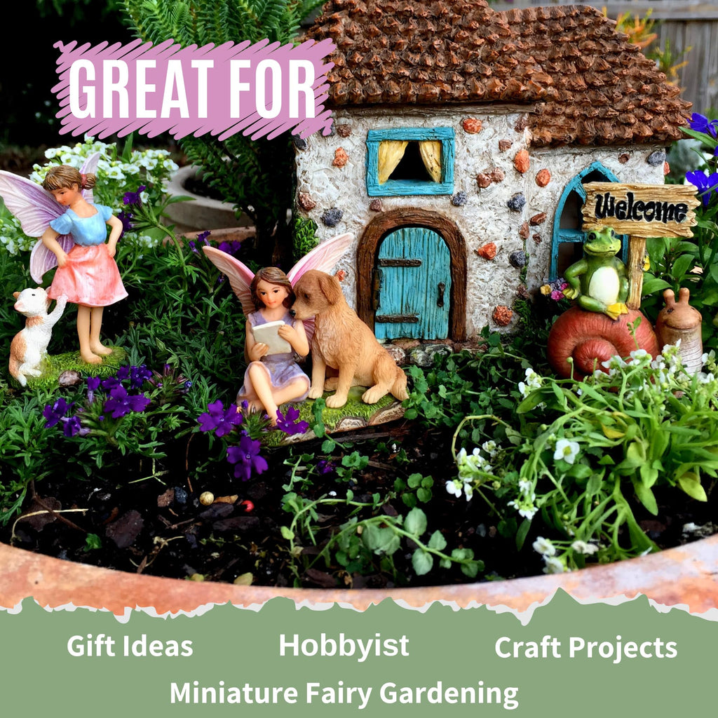 PRETMANNS Fairy Garden House Kit - 4pc Miniature Figurines & Accessories