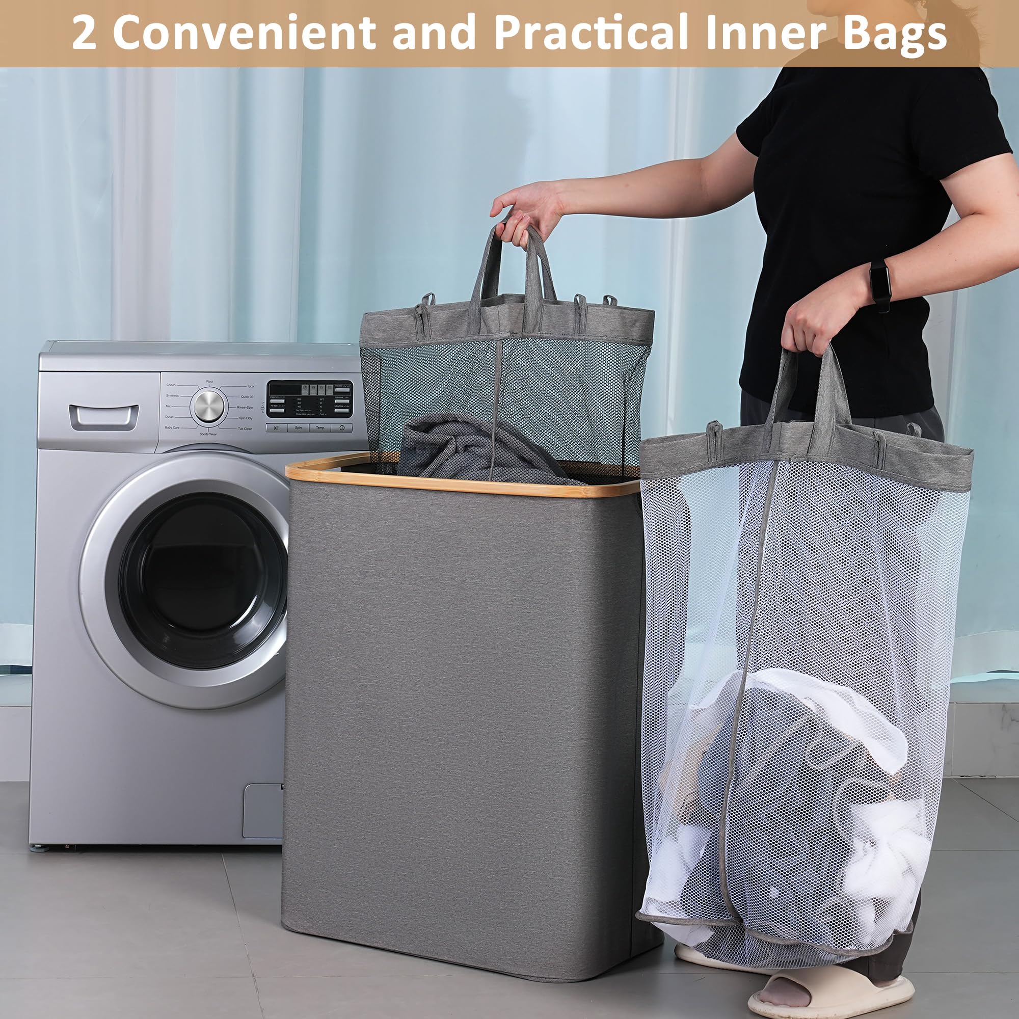 iEGrow 150L Double Laundry Basket – Foldable Hamper with Lid and Bamboo Handle