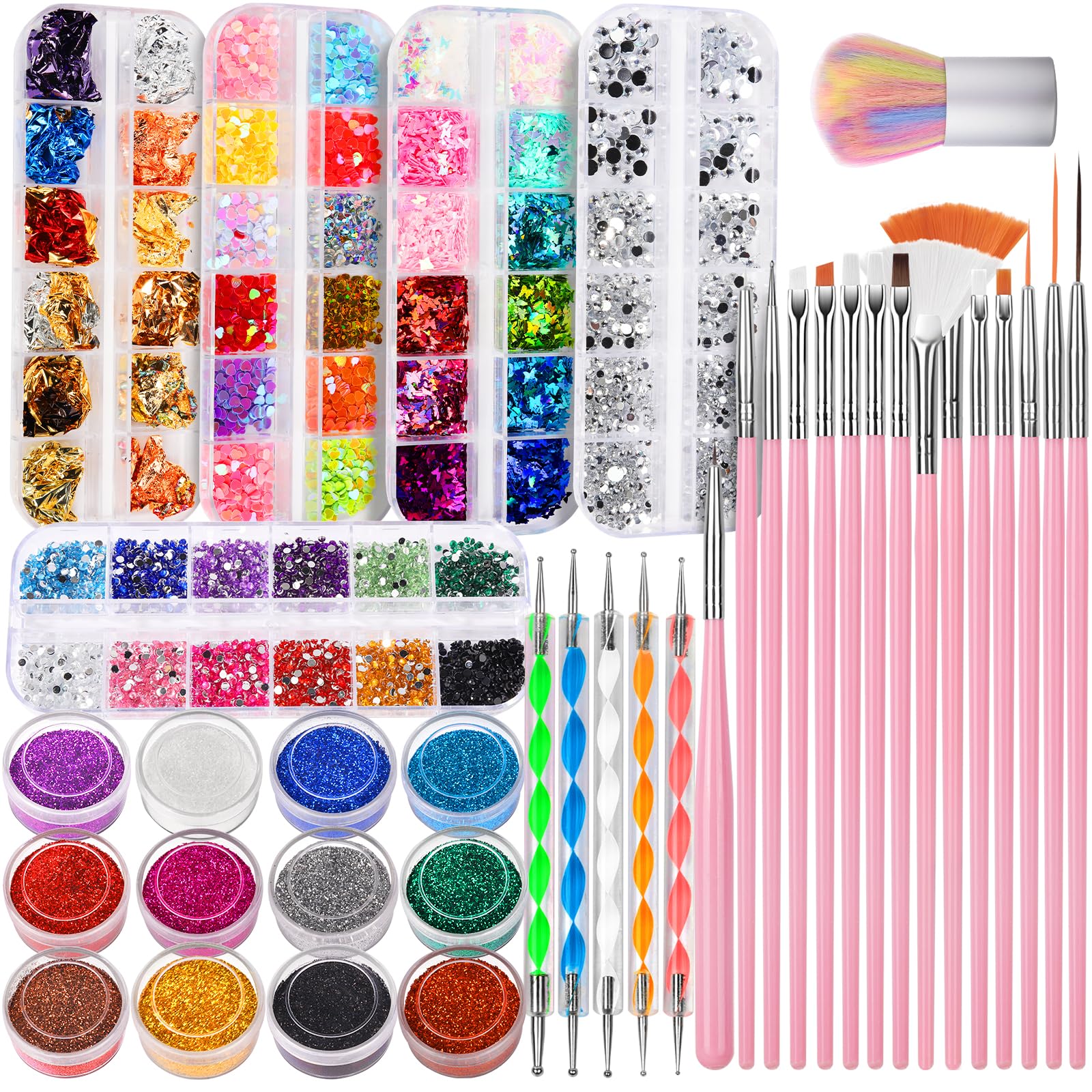 FANDAMEI Nail Art Kit | 15 Brushes, Dotting Tools, Glitter & Rhinestones