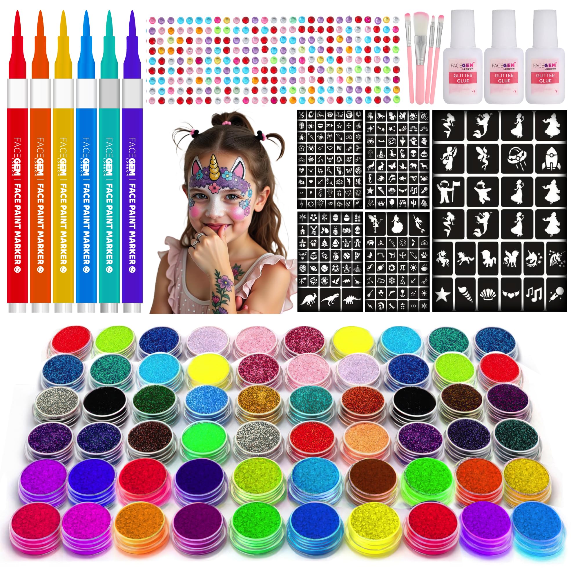 Glitter Tattoo Kit for Kids | 60 Colors & 6 Face Paint Pens
